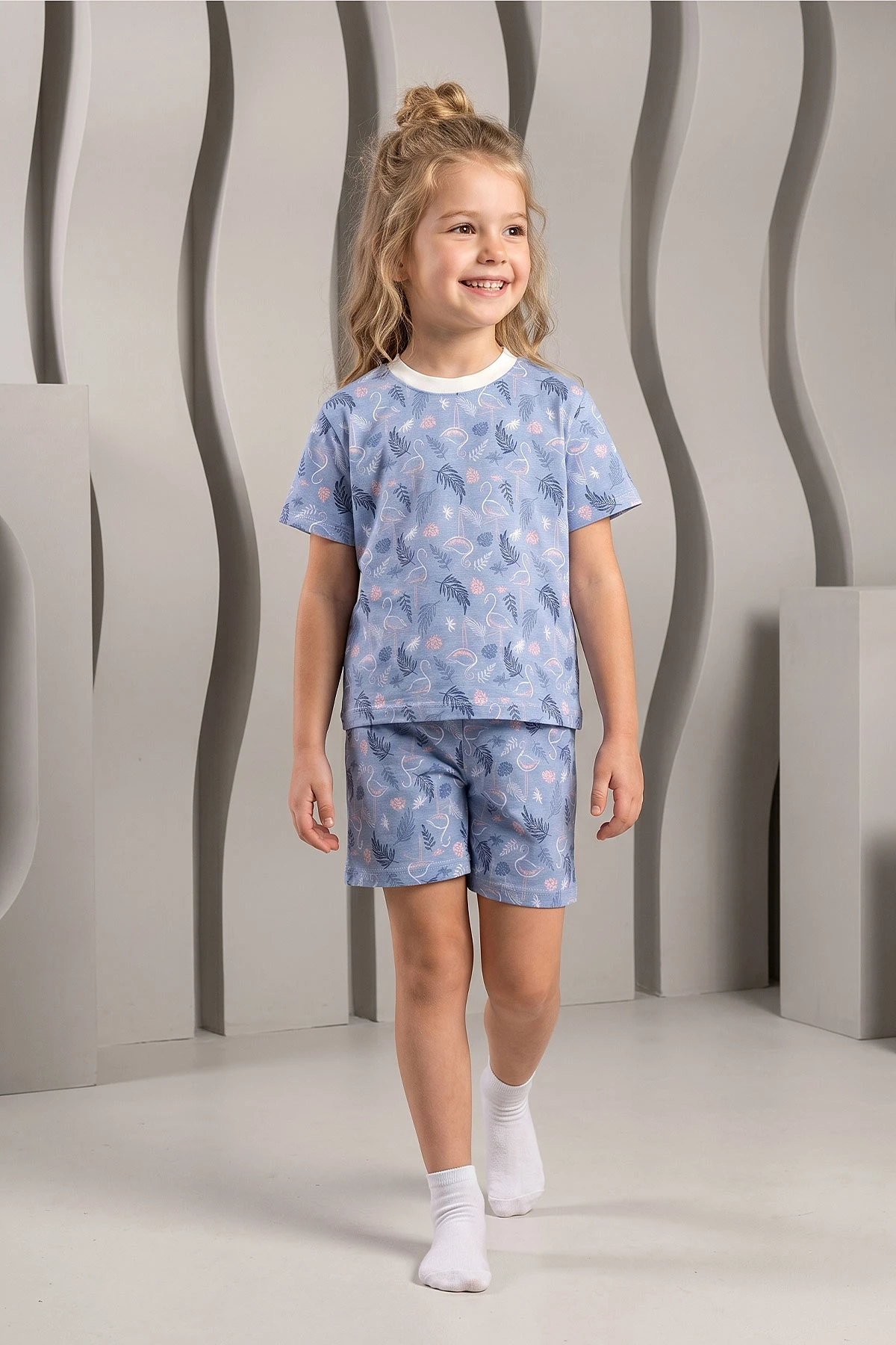 Mavi (3-8 Yaş)Pelikan Desenli Şortlu Kız Çocuk Pijama Takımı 461470