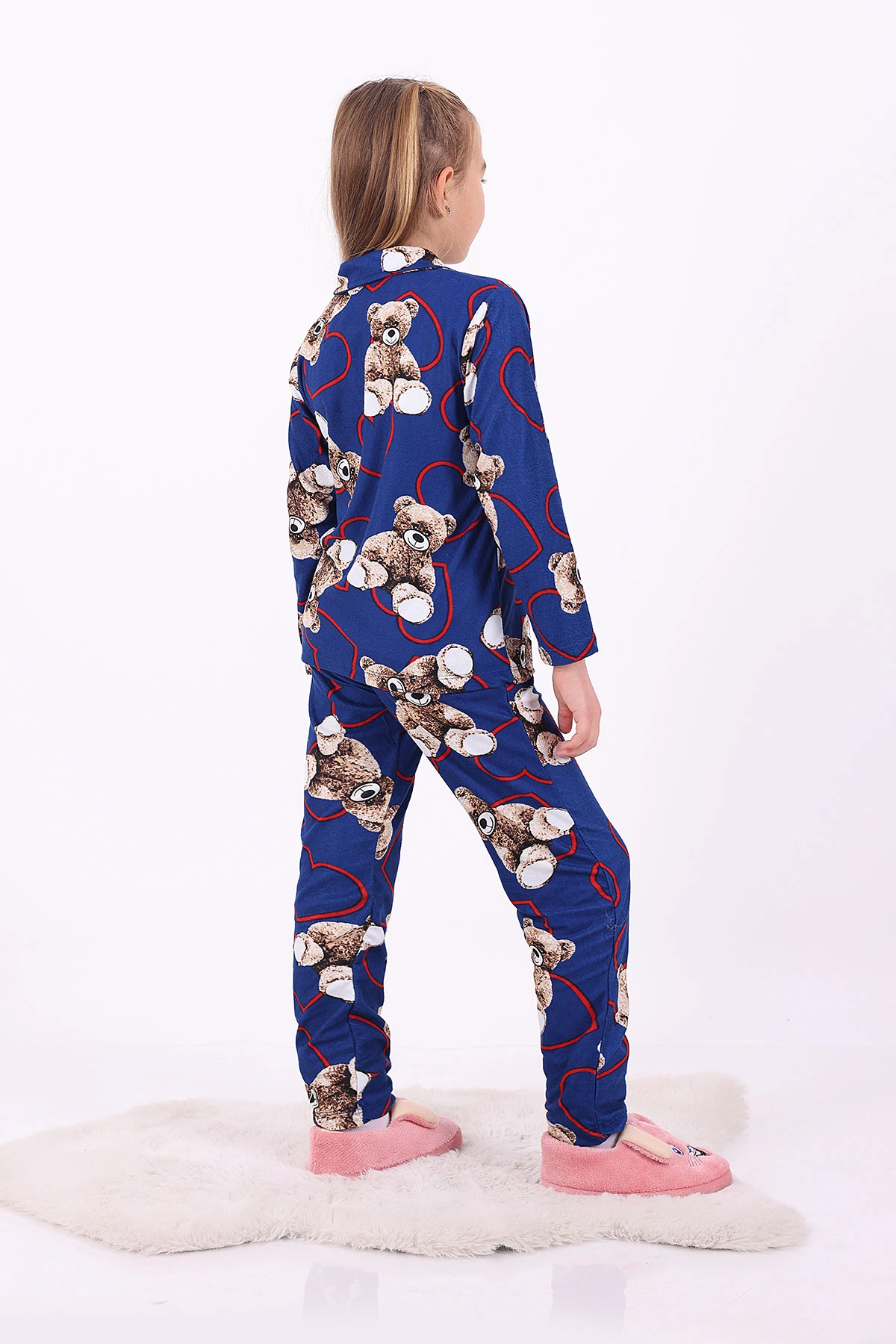 Mavi (4-12 Yaş)Ayıcık Desenli Düğmeli Kız Çocuk Pijama Takımı 329806