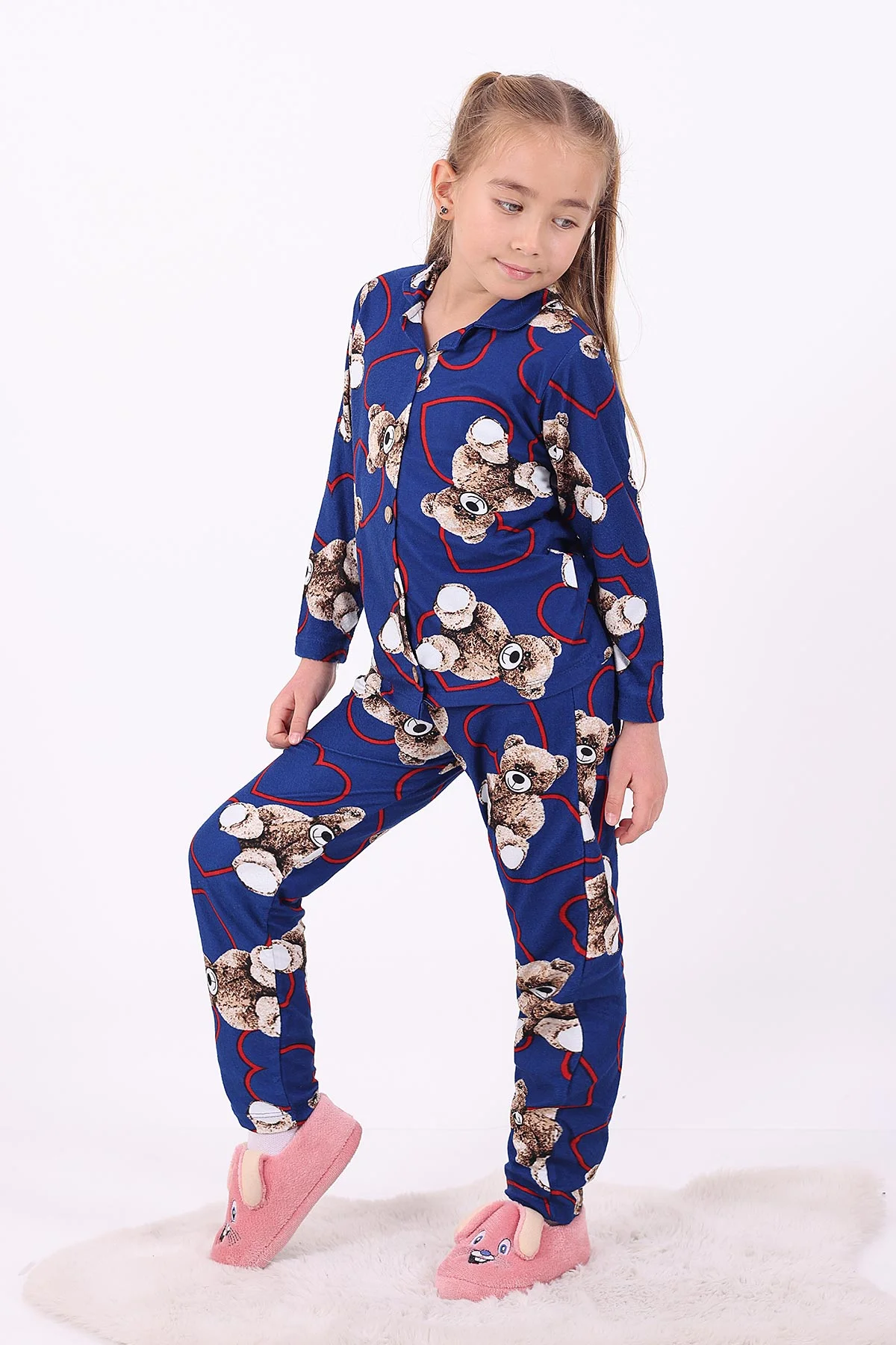 Mavi (4-12 Yaş)Ayıcık Desenli Düğmeli Kız Çocuk Pijama Takımı 329806