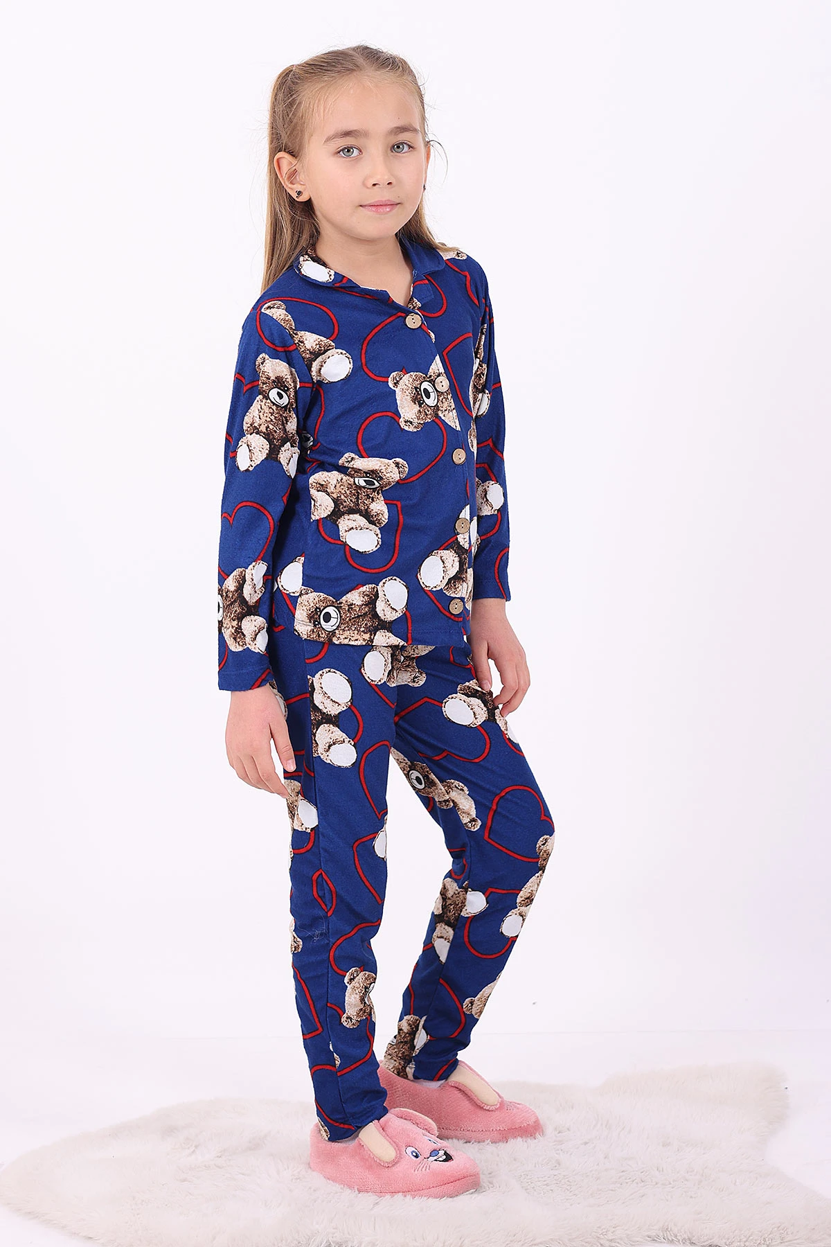Mavi (4-12 Yaş)Ayıcık Desenli Düğmeli Kız Çocuk Pijama Takımı 329806