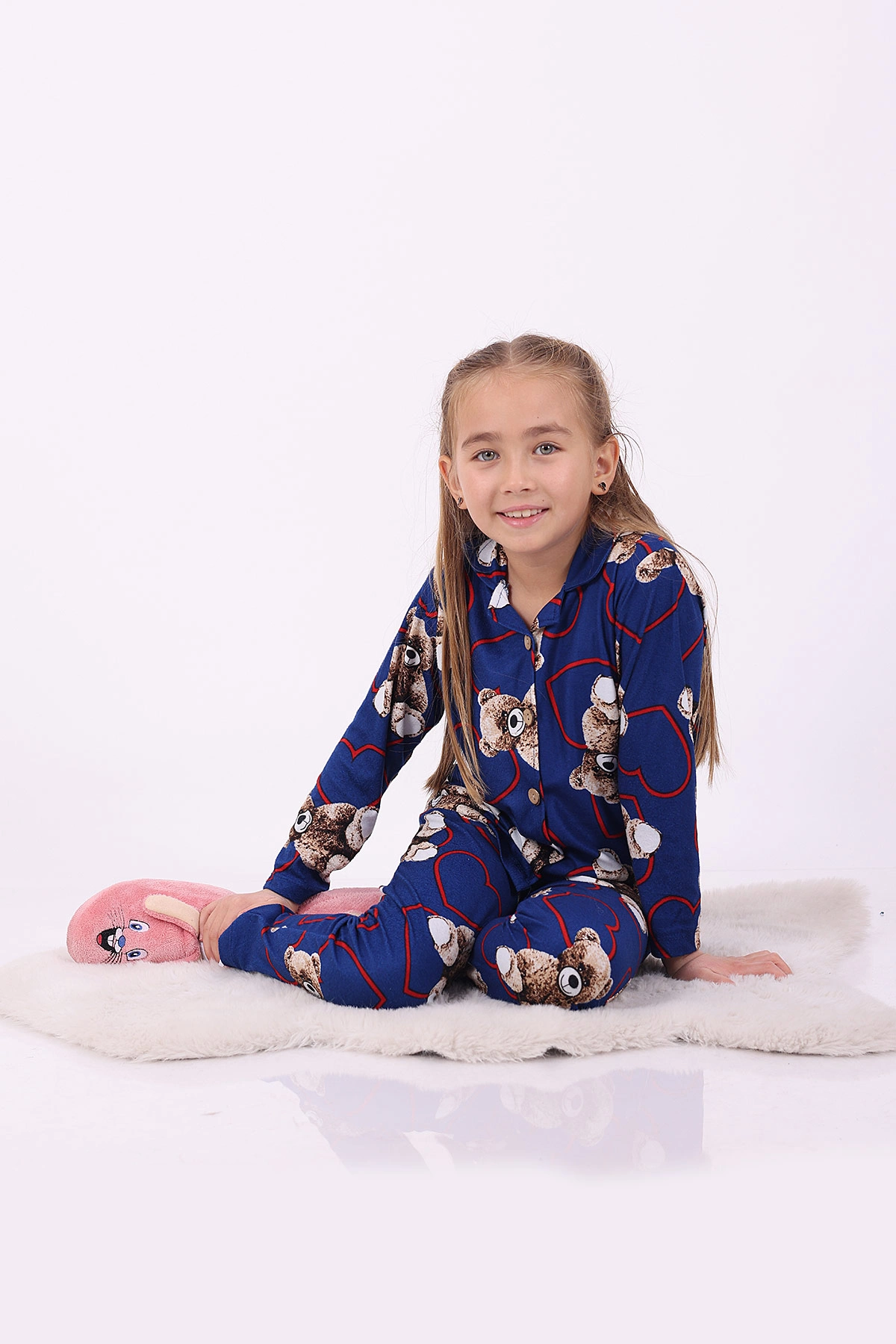 Mavi (4-12 Yaş)Ayıcık Desenli Düğmeli Kız Çocuk Pijama Takımı 329806