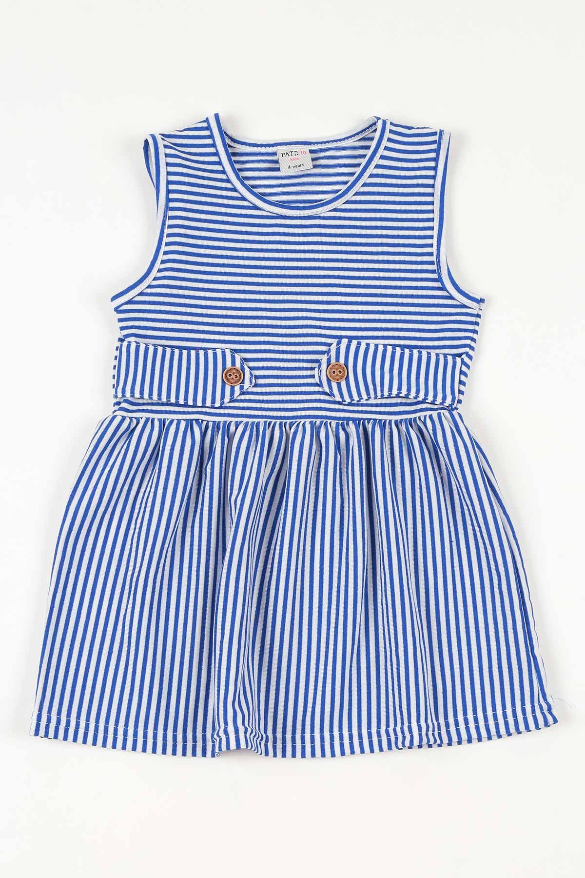 Mavi (4-8 yaş) Düğme Detay Çizgili Kız Çocuk Elbise 108740