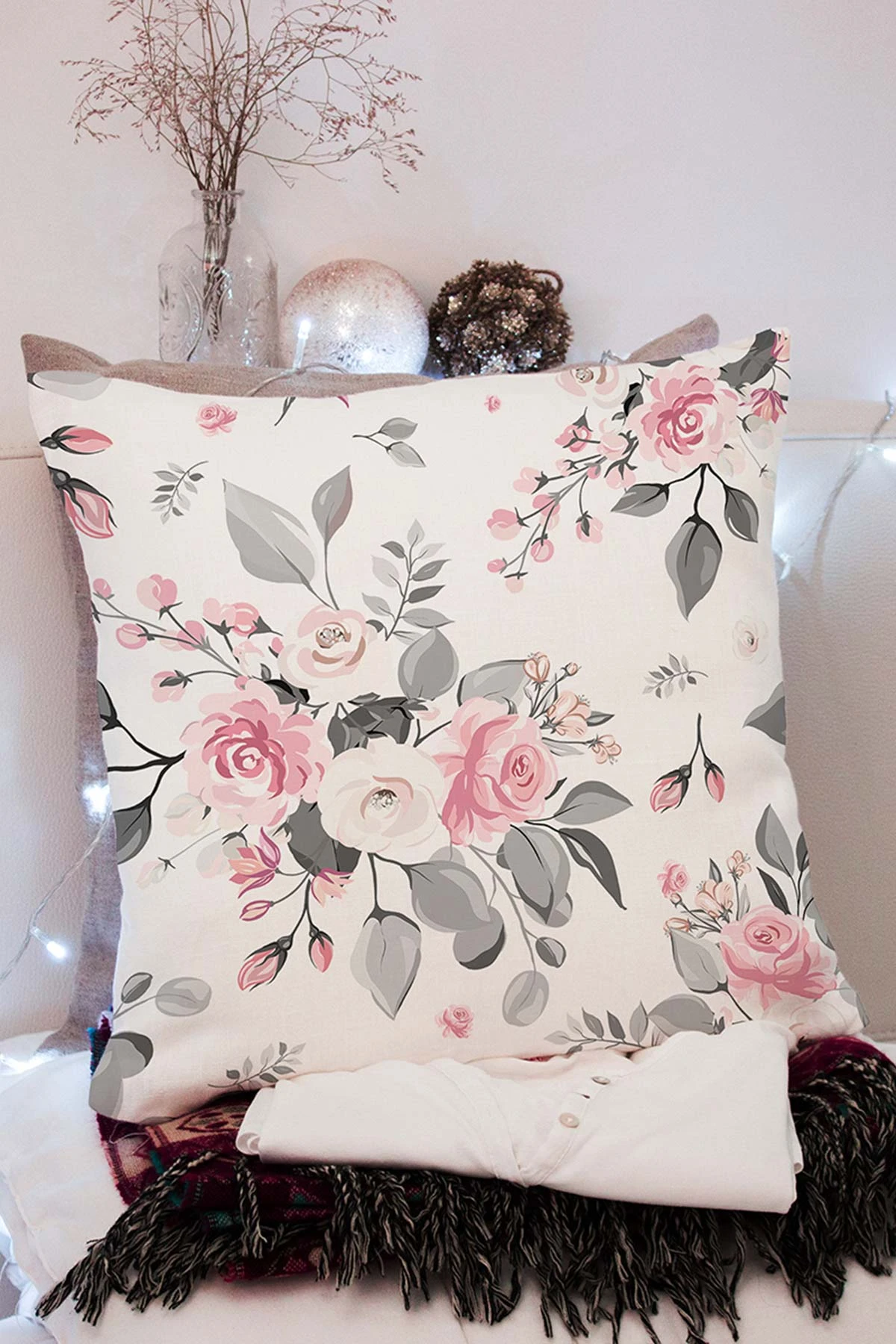 Beyaz 43x43 Dijital Baskılı Fermuarlı Modern Kırlent Kılıfı 272423