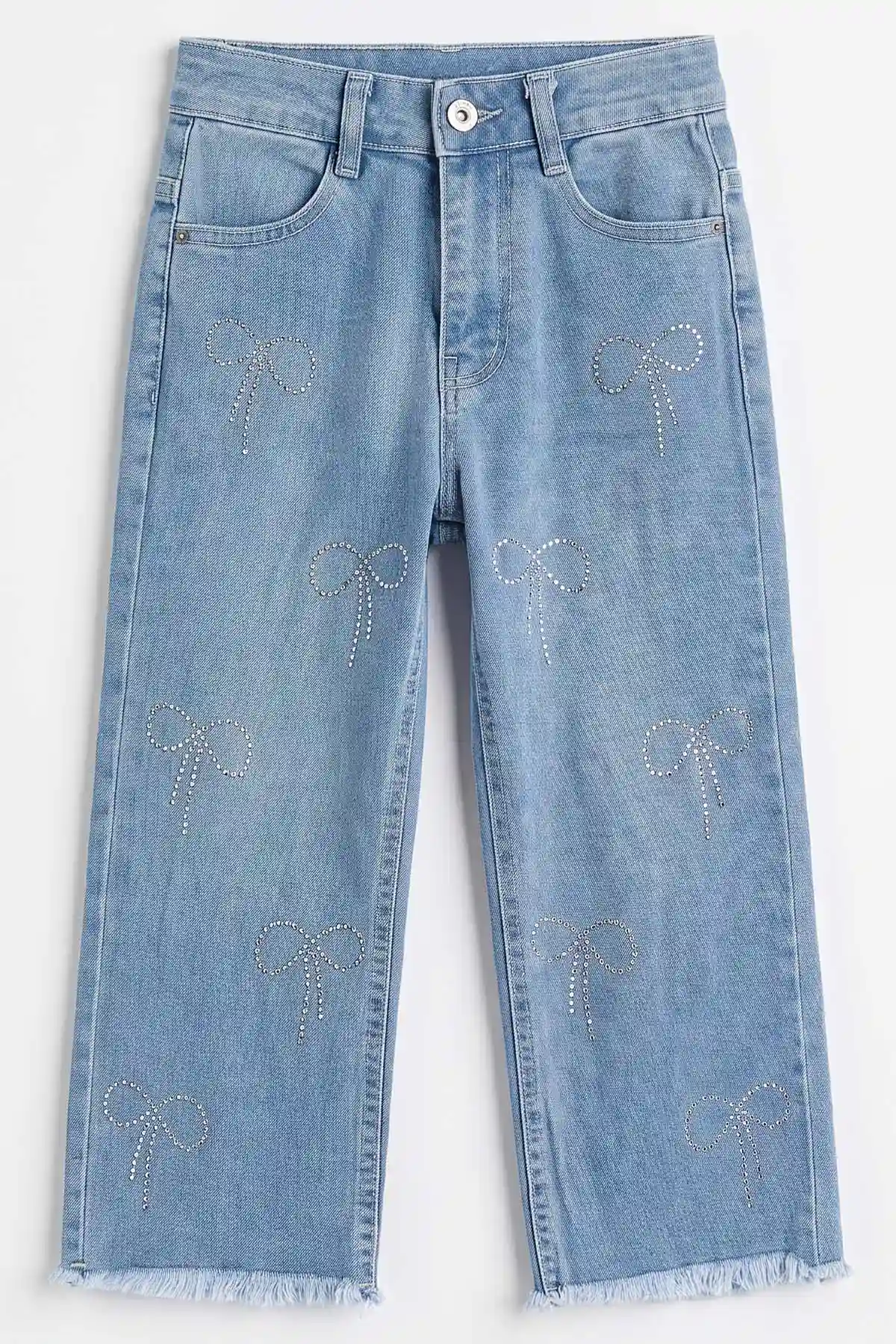 Mavi (5-12 Yaş) Salaş Taşlı Fiyonklu Kız Çocuk Kot Pantolon 495095