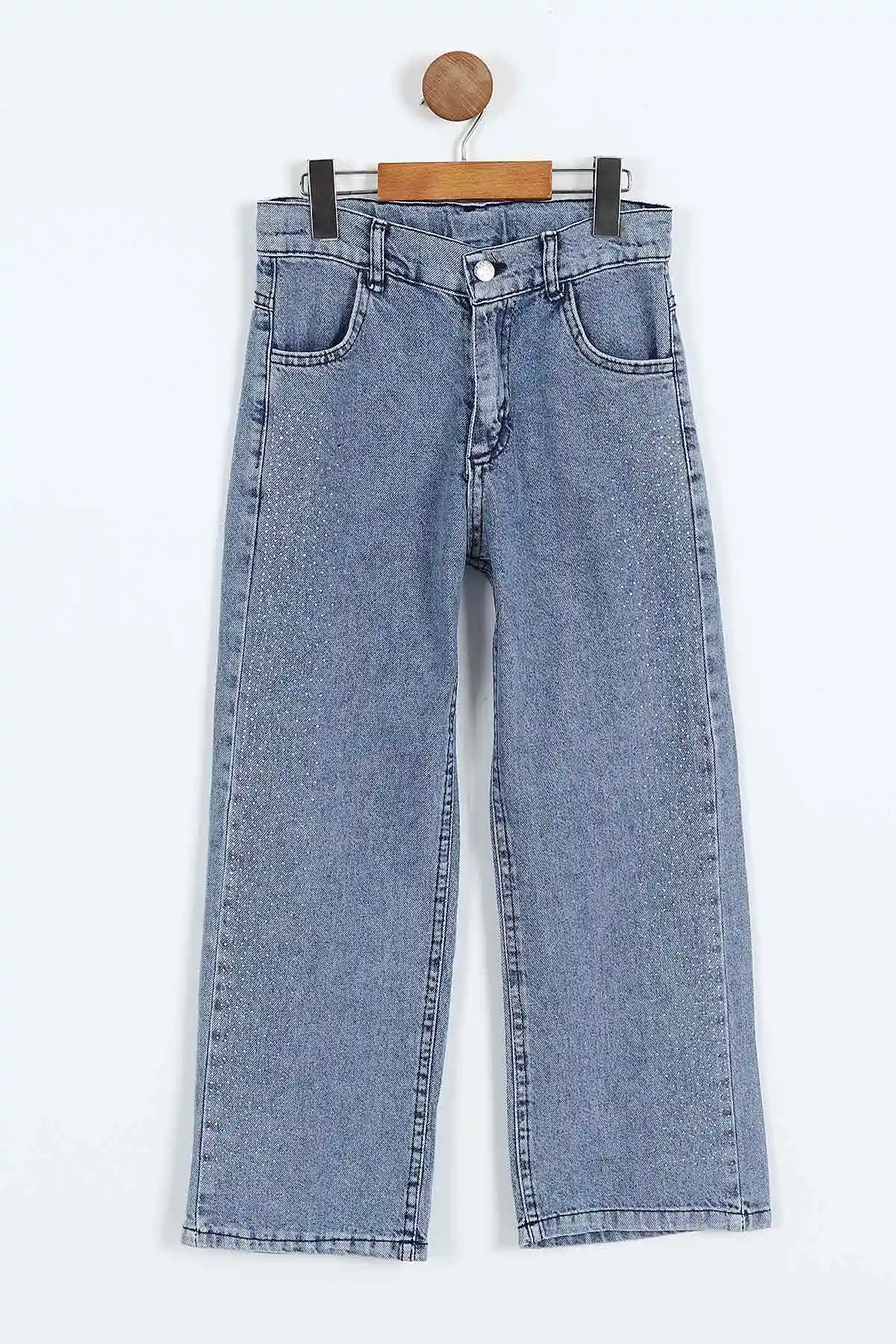 Mavi (6-10 Yaş) Taş   Baskılı Bol Paça Kız Çocuk Kot Pantolon 397869