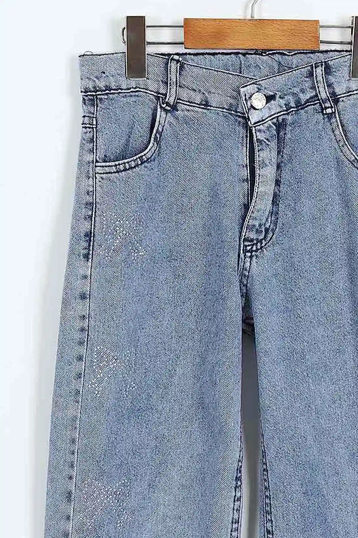 Mavi (6-10 Yaş) Taşlı Fiyonk Baskılı Bol Paça Kız Çocuk Kot Pantolon 397865