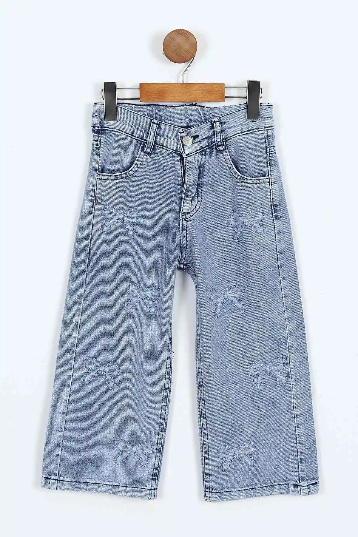 Mavi (6-10 Yaş)Fiyonk Nakışlı Bol Paça Kız Çocuk Kot Pantolon 403154