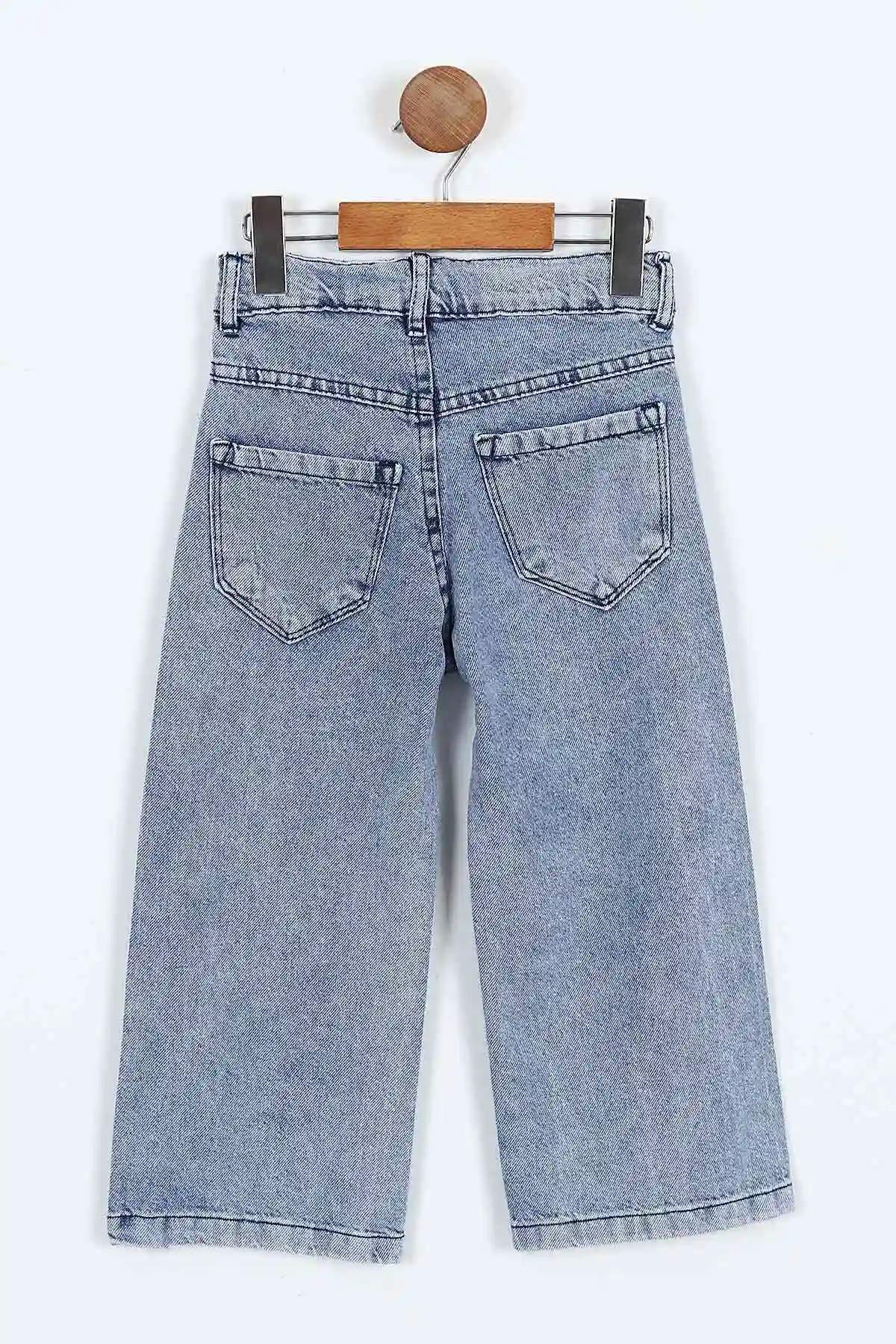 Mavi (6-10 Yaş)Fiyonk Nakışlı Bol Paça Kız Çocuk Kot Pantolon 403154