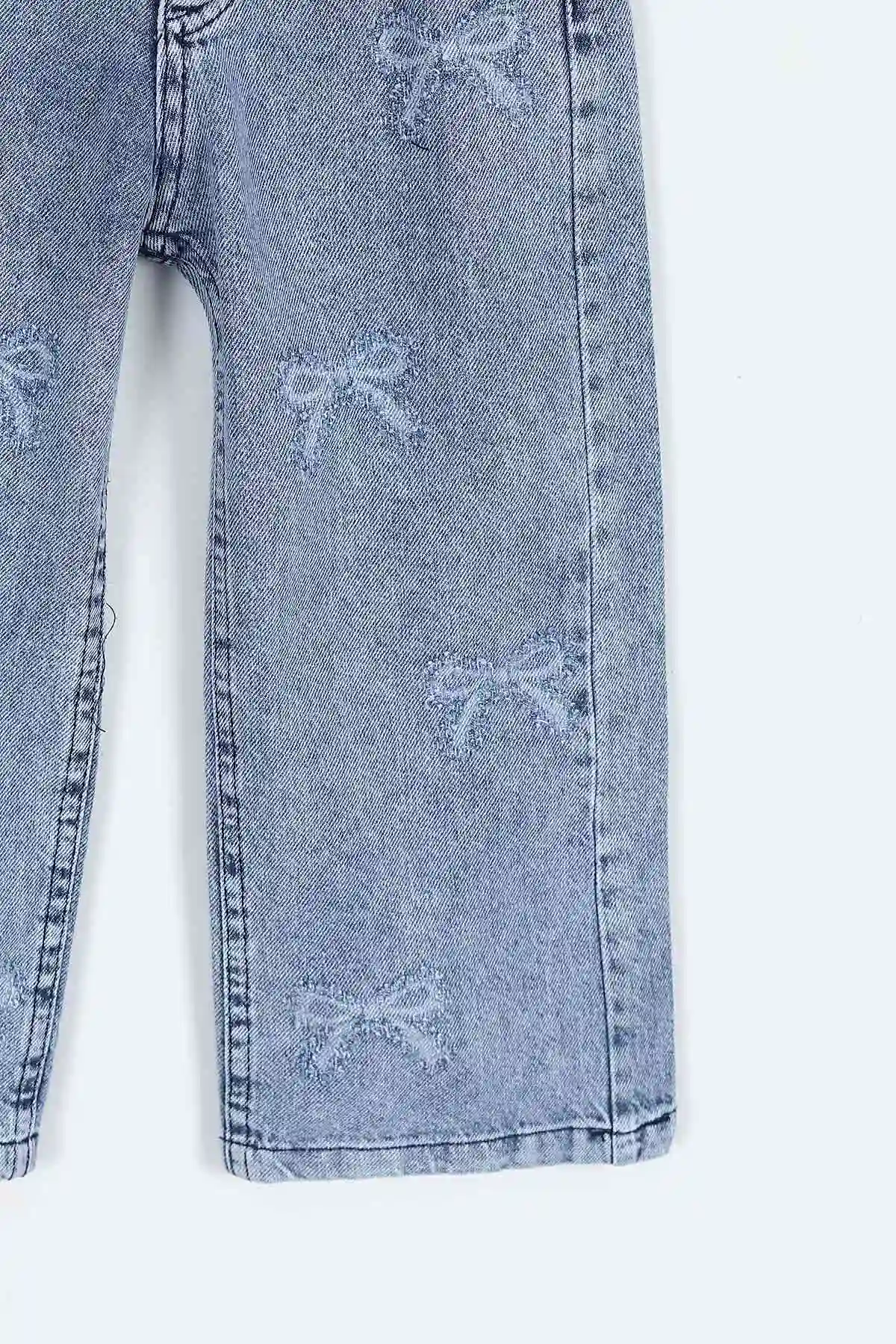 Mavi (6-10 Yaş)Fiyonk Nakışlı Bol Paça Kız Çocuk Kot Pantolon 403154