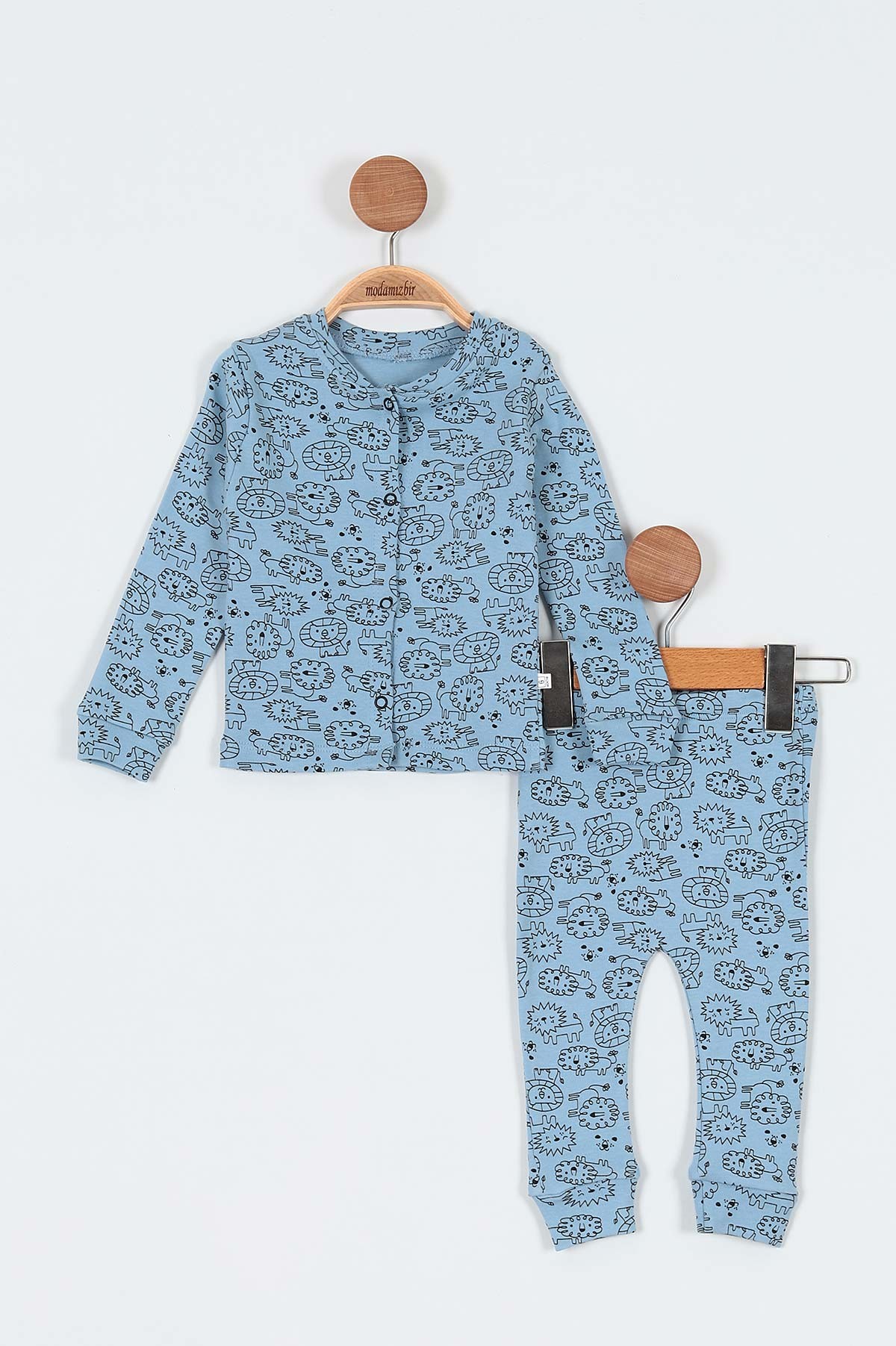 Mavi (6-12 Ay) Aslan Baskılı Önü Çıtçıtlı Erkek Bebe Pijama Takım 196989