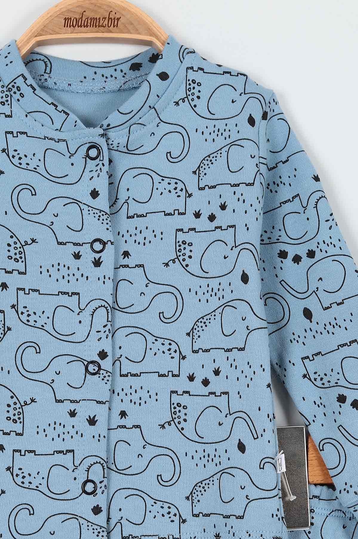 Mavi (6-12 Ay) Fil Baskılı Önü Çıtçıtlı Erkek Bebe Pijama Takım 196992