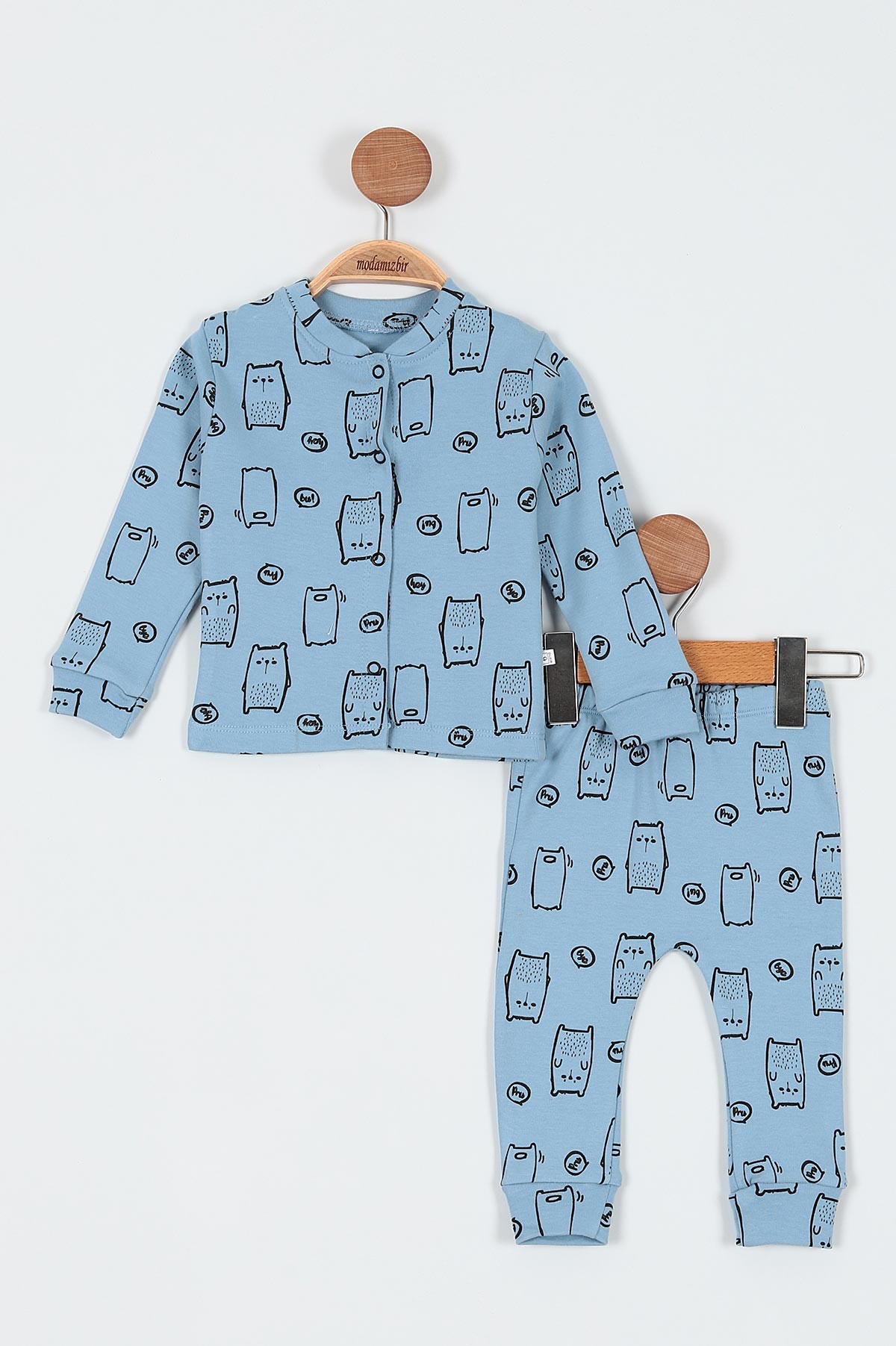 Mavi (6-12 Ay) Kedi Baskılı Önü Çıtçıtlı Erkek Bebe Pijama Takım 196986
