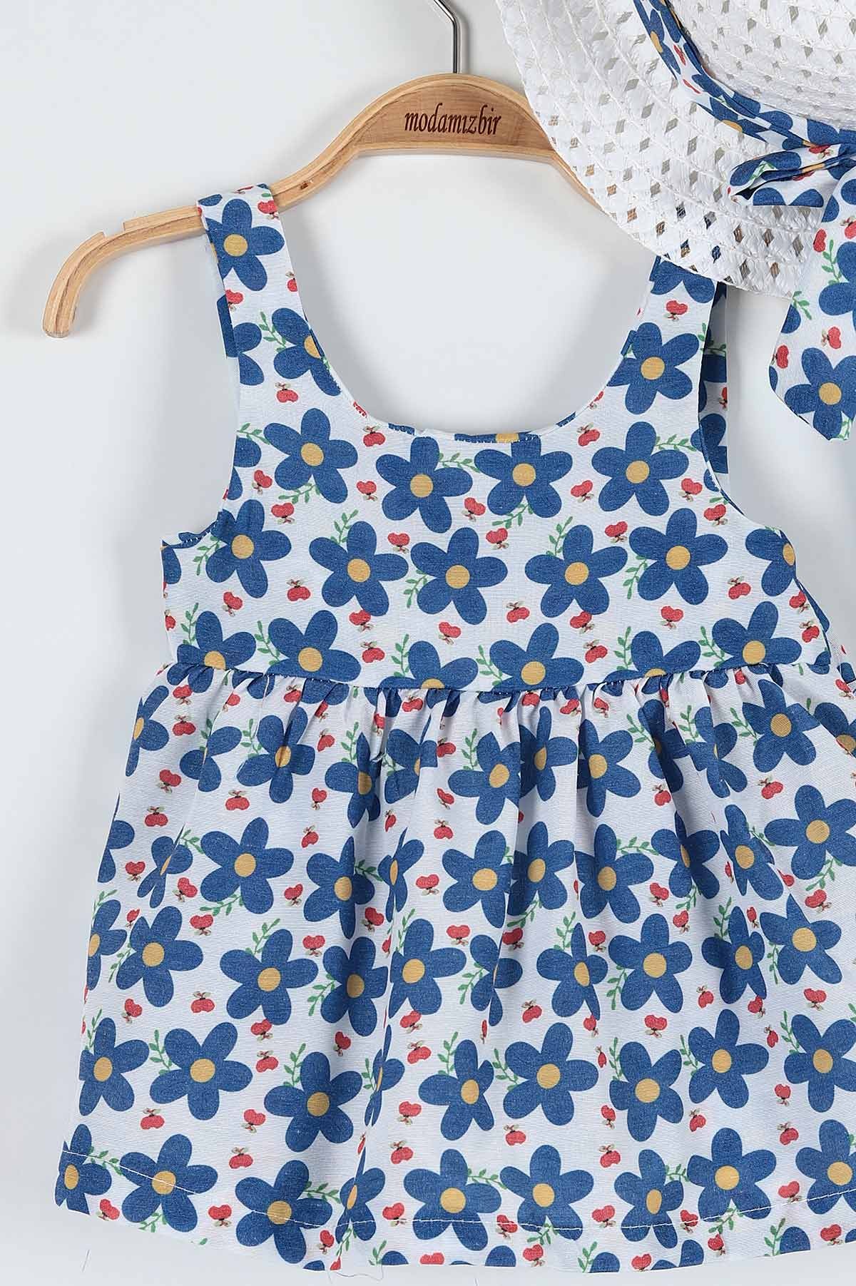 Mavi (6-24 Ay) Çiçek Baskılı Kurdele Detaylı Kız Bebe Elbise 183338