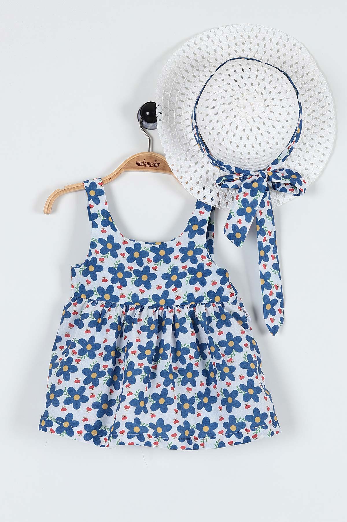 Mavi (6-24 Ay) Çiçek Baskılı Kurdele Detaylı Kız Bebe Elbise 183338