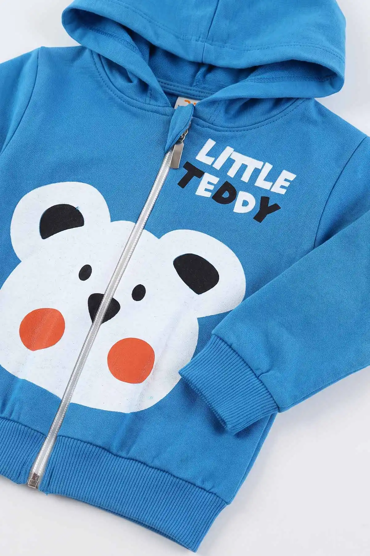 Mavi (6-24 Ay) Little Teddy Baskılı Kapüşonlu Fermuarlı Erkek Bebek Takım 473145