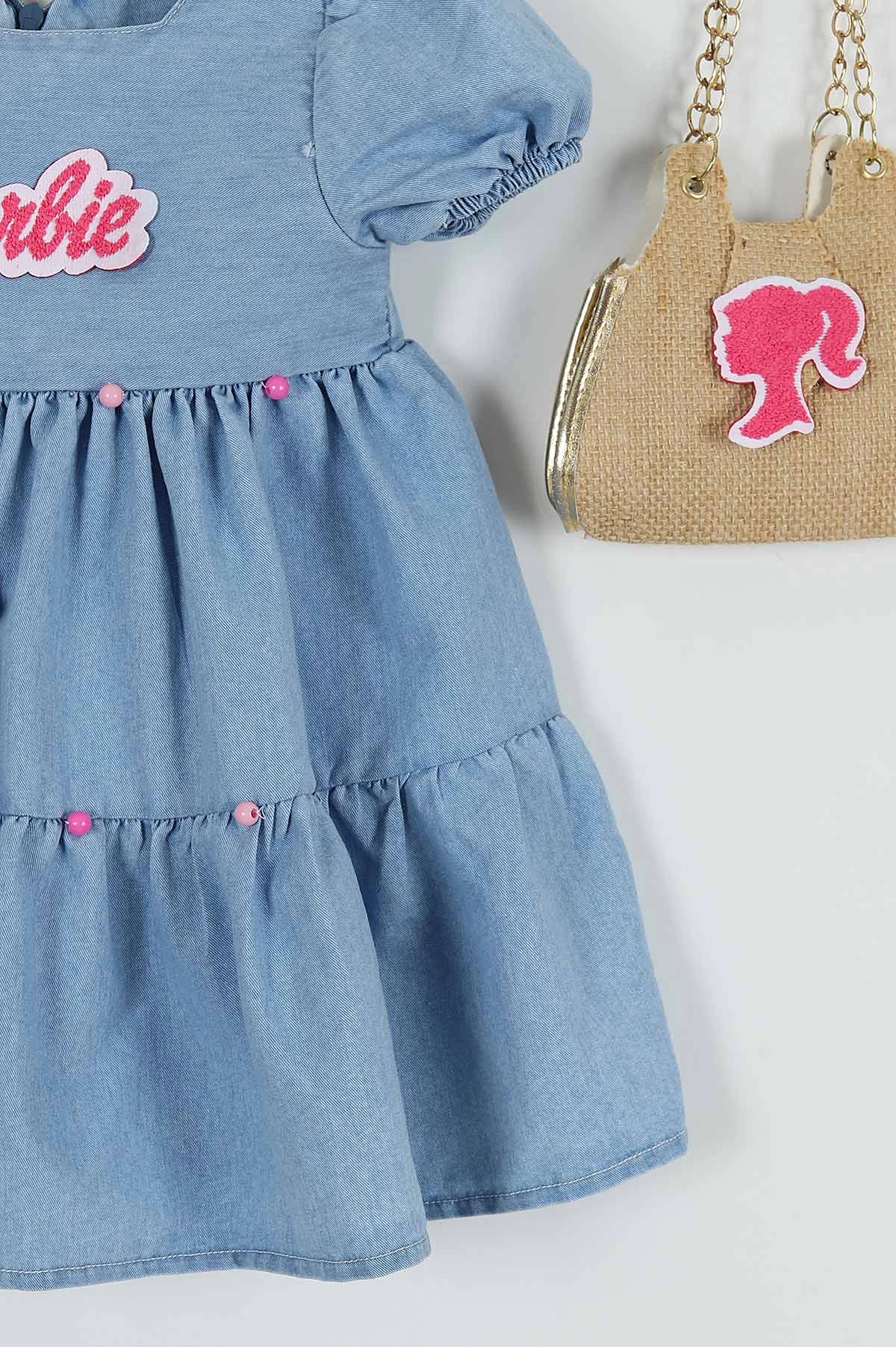 Mavi (6-9 Yaş) Barbie Nakışlı Kol Lastikli Çantalı Kız Çocuk Elbise 257349
