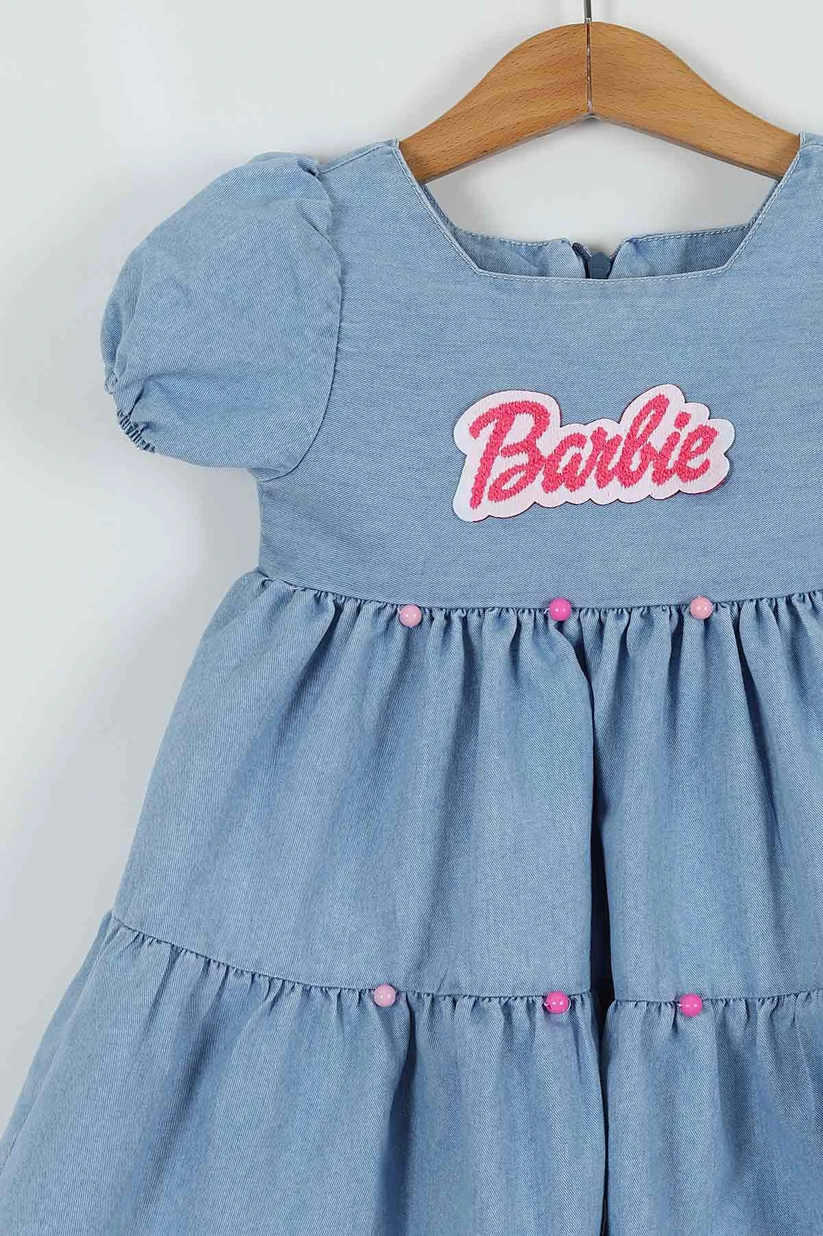Mavi (6-9 Yaş) Barbie Nakışlı Kol Lastikli Çantalı Kız Çocuk Elbise 257349