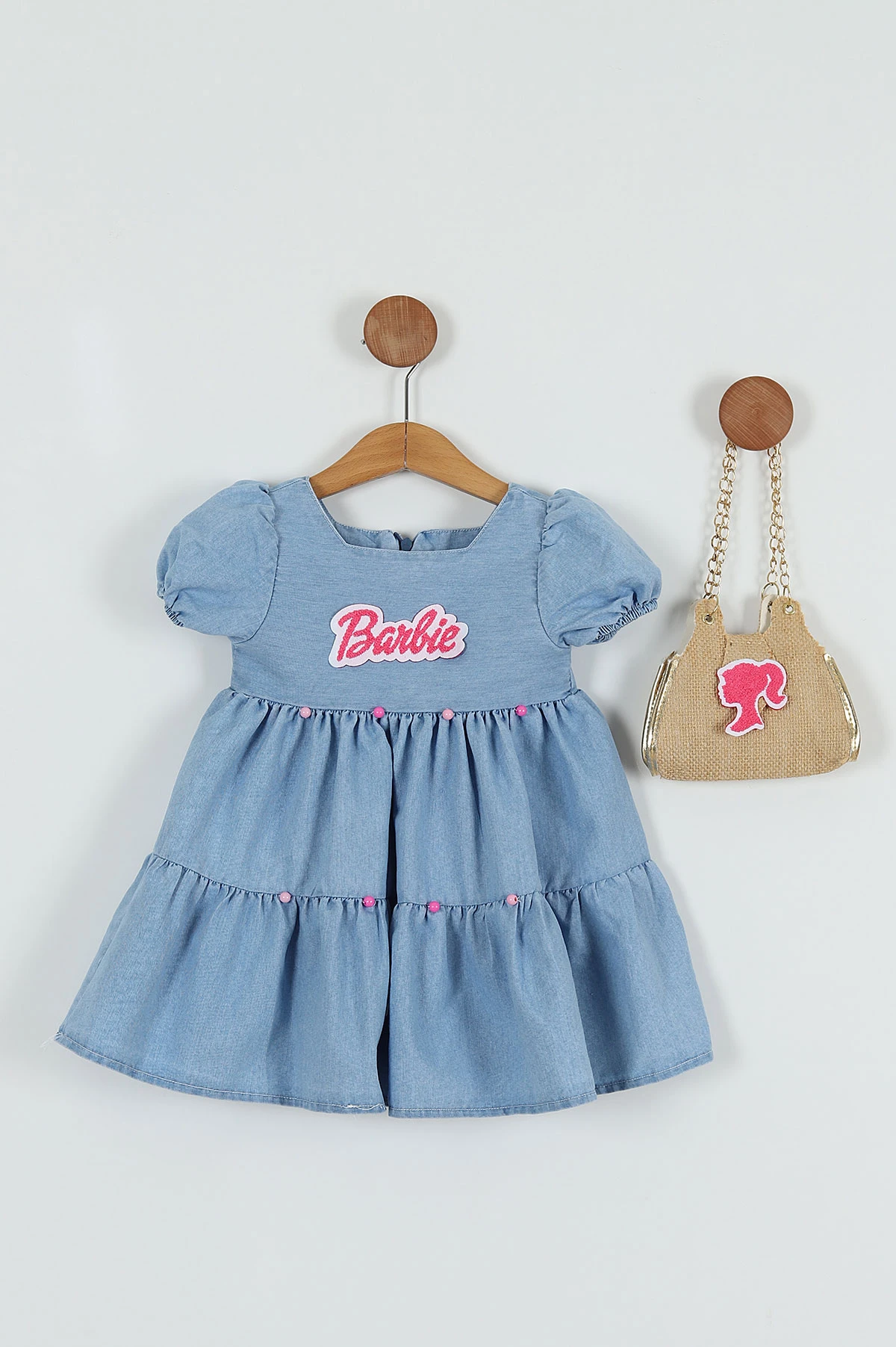Mavi (6-9 Yaş) Barbie Nakışlı Kol Lastikli Çantalı Kız Çocuk Elbise 257349