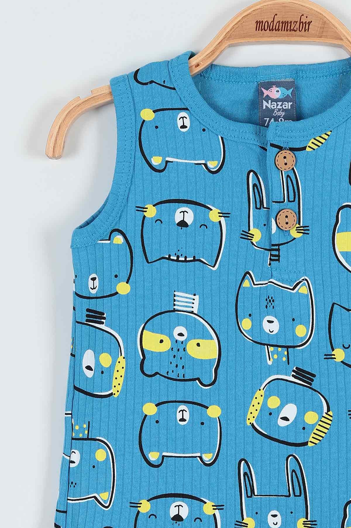 Mavi (9-24 Ay) Hayvan Baskılı Kargo Cep Detaylı Erkek Bebe Takım 188227