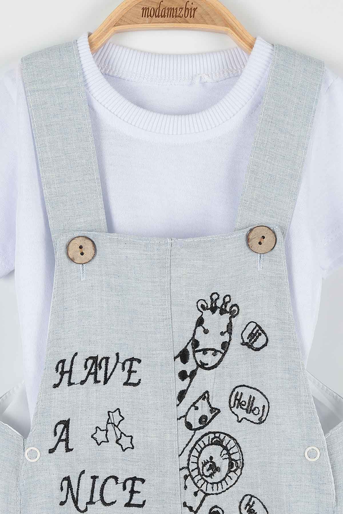 Mavi (9-24 Ay) Hayvan Nakışlı Düğmeli  Erkek  Bebe Takım 169455