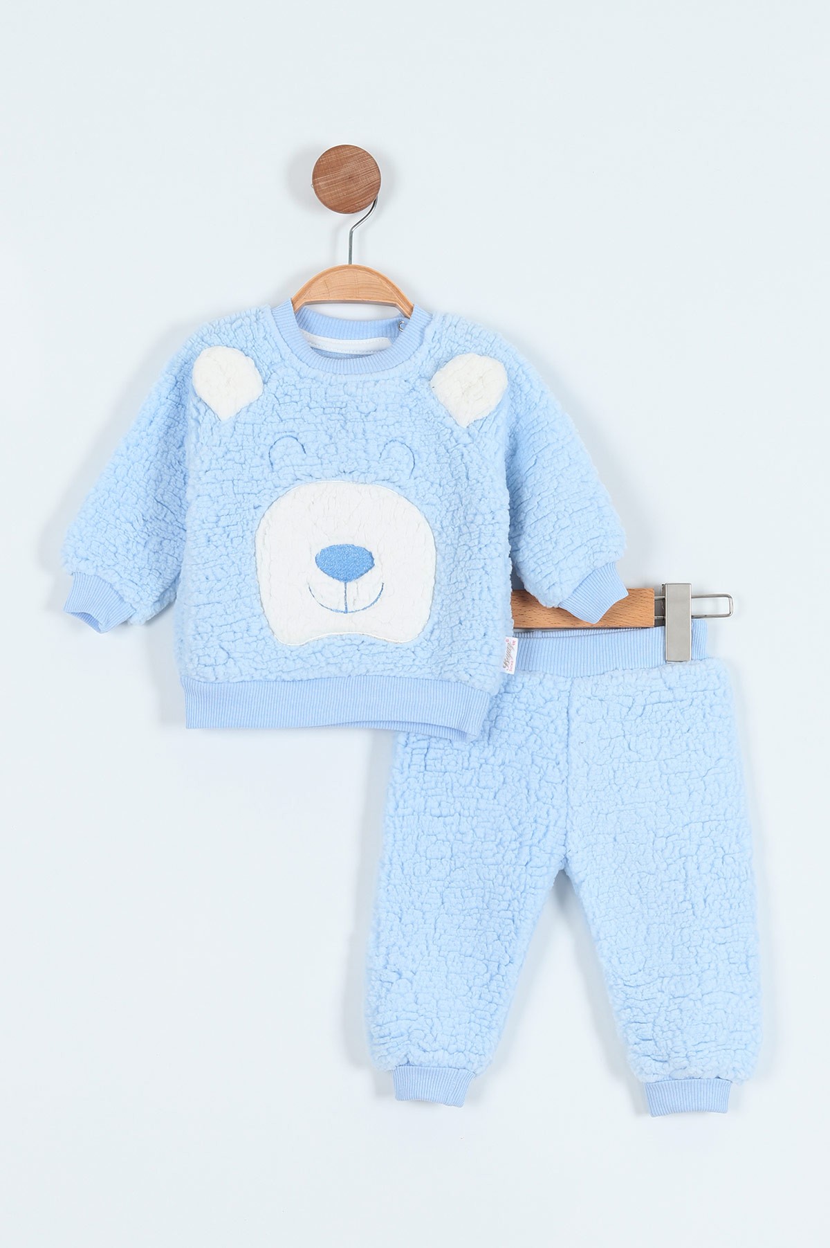Mavi (9-24 Ay) Kulaklı Ayı Nakışlı Welsoft Erkek Bebe Takım 212229