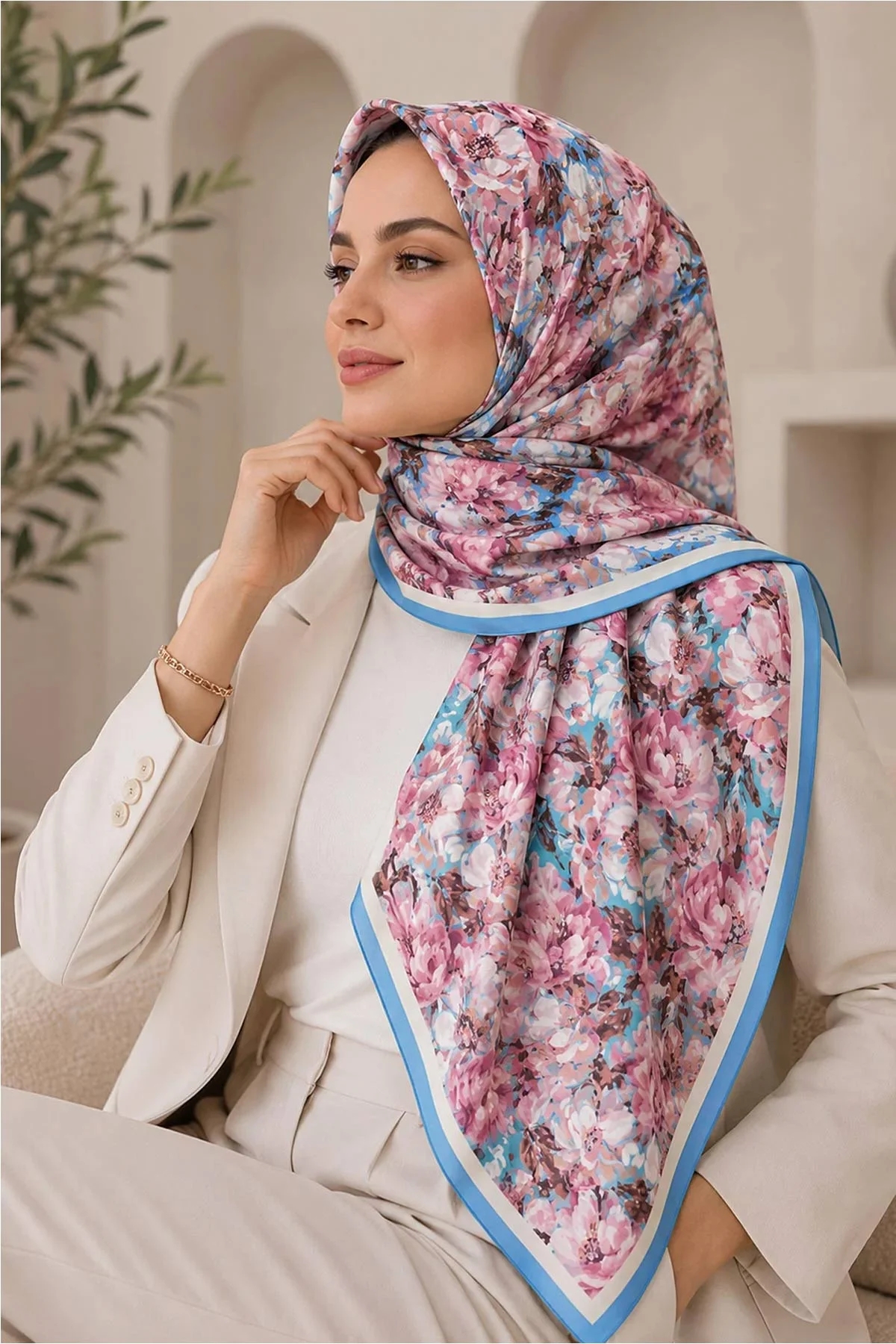 Mavi 95x95 Cm Dijital Baskılı Botanik Desen Soft Eşarp 473303