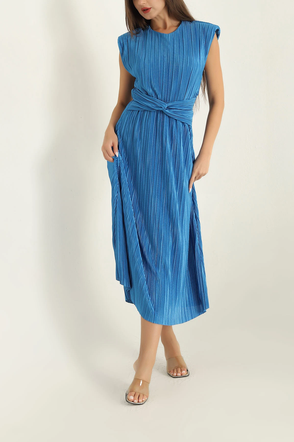 Mavi Akordiyon Kumaş Astarlı Elbise 286693 ModamızBir