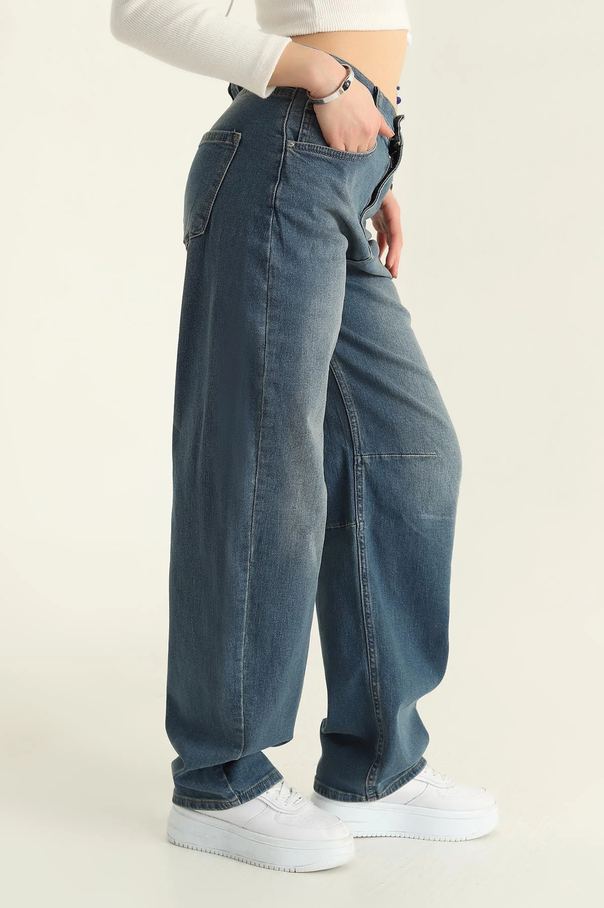Mavi Baggy Likralı Bayan Kot Pantolon 323884