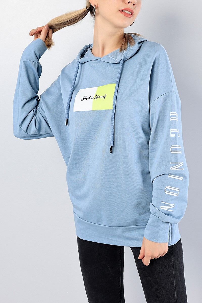 Mavi Baskılı Bayan Kapüşonlu Sweat 81209