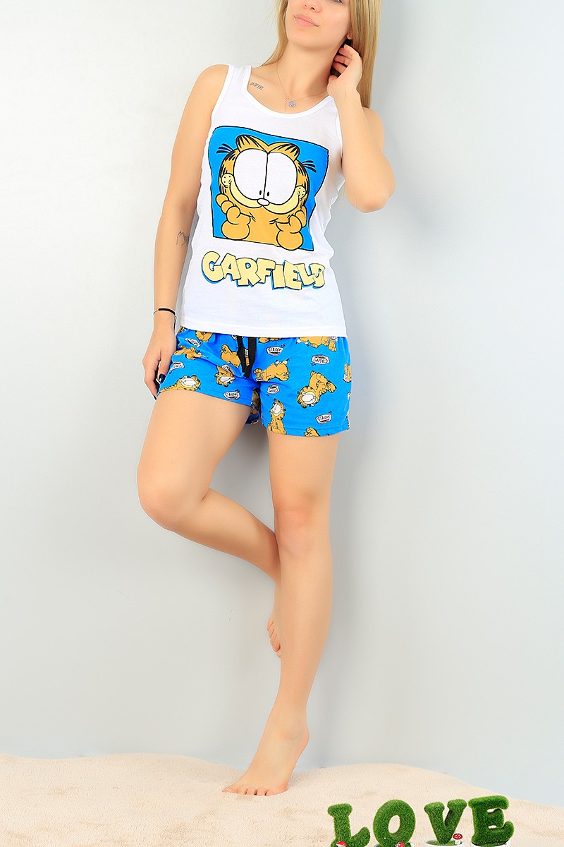 Mavi Baskılı Bayan Şort Atlet Pijama Takımı 64292