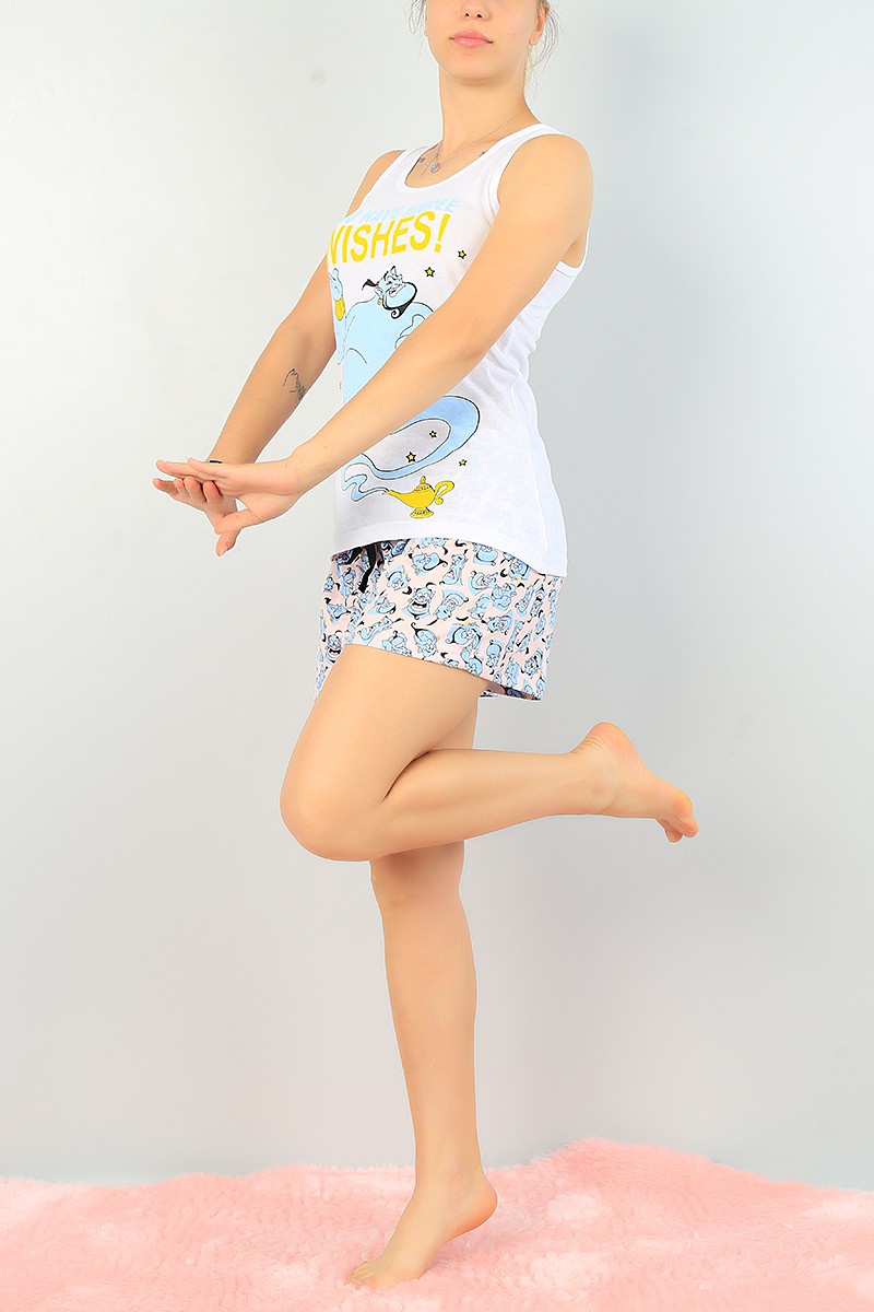 Mavi Baskılı Bayan Şort Atlet Pijama Takımı 68129