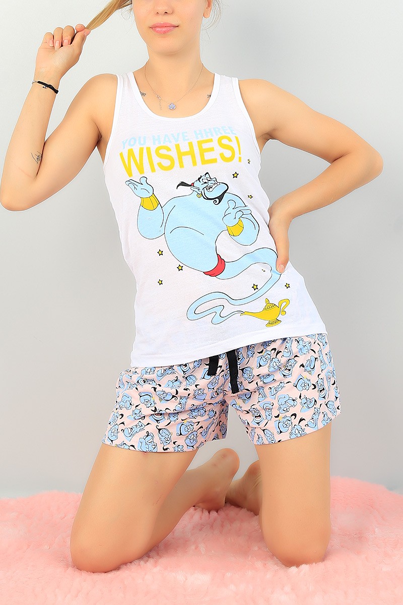 Mavi Baskılı Bayan Şort Atlet Pijama Takımı 68129