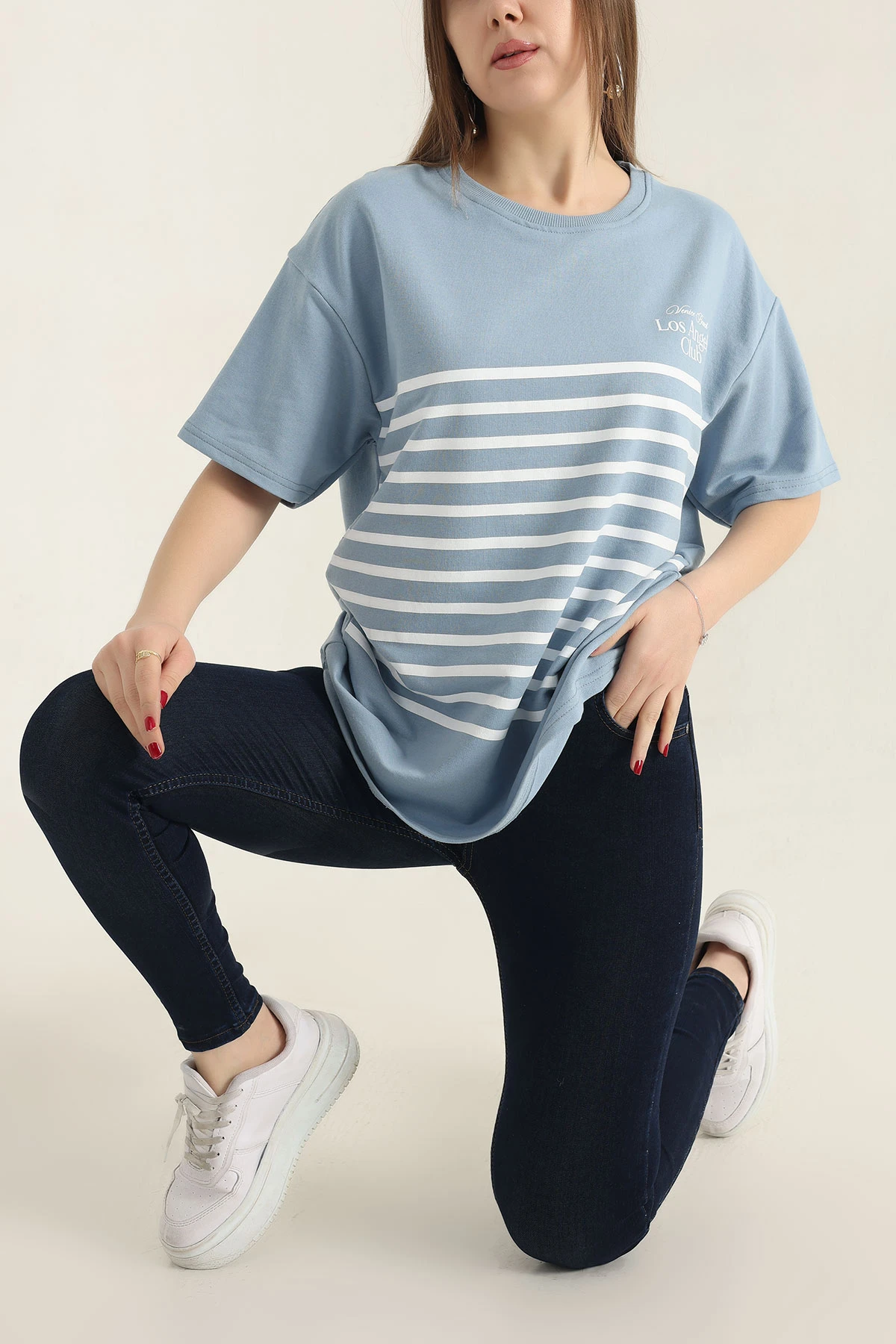Mavi Baskılı Bisiklet Yaka Oversize Bayan Tişört 337665
