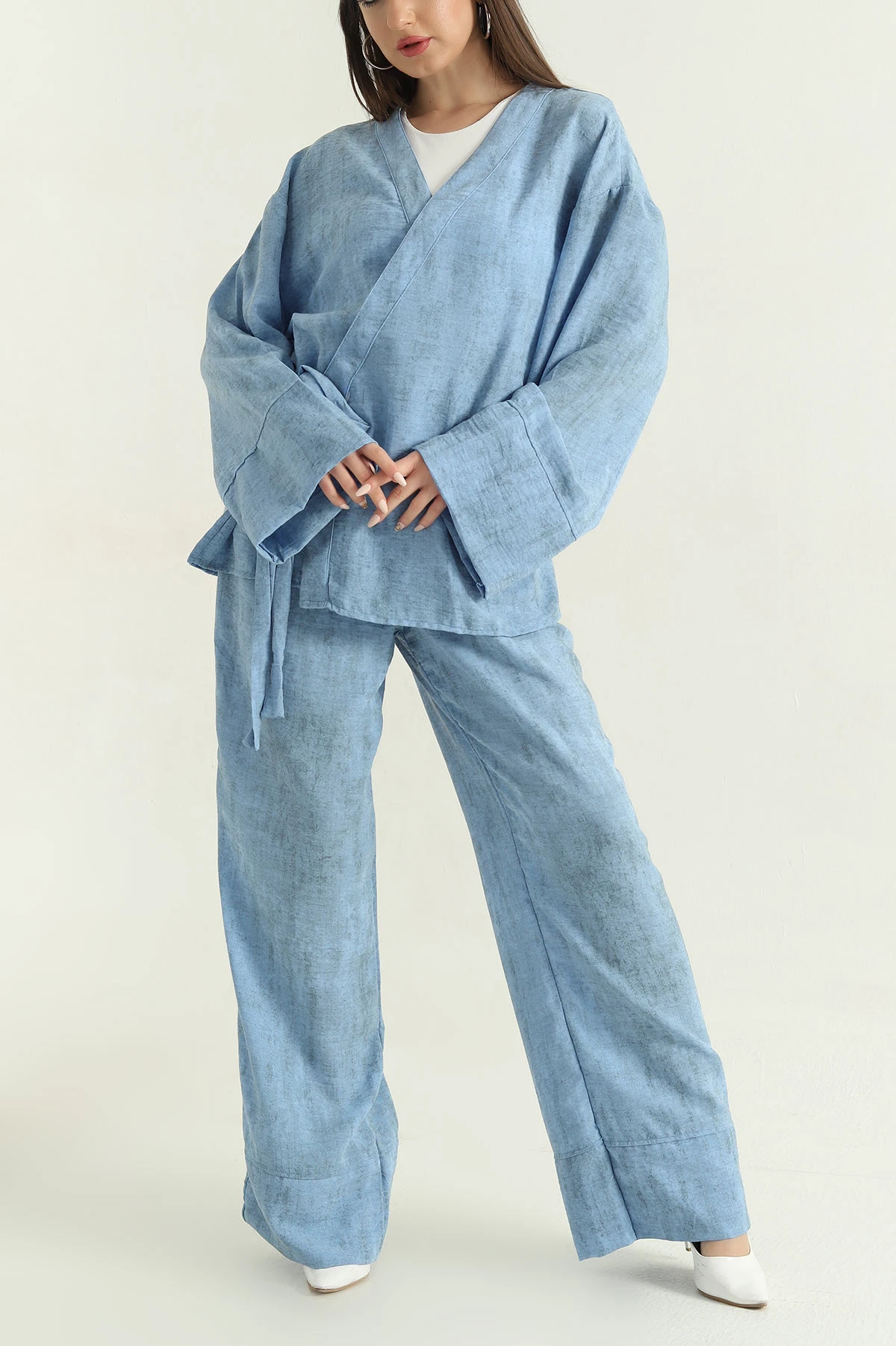 Mavi Batik Pantolon Bluz Keten İkili Takım 354368