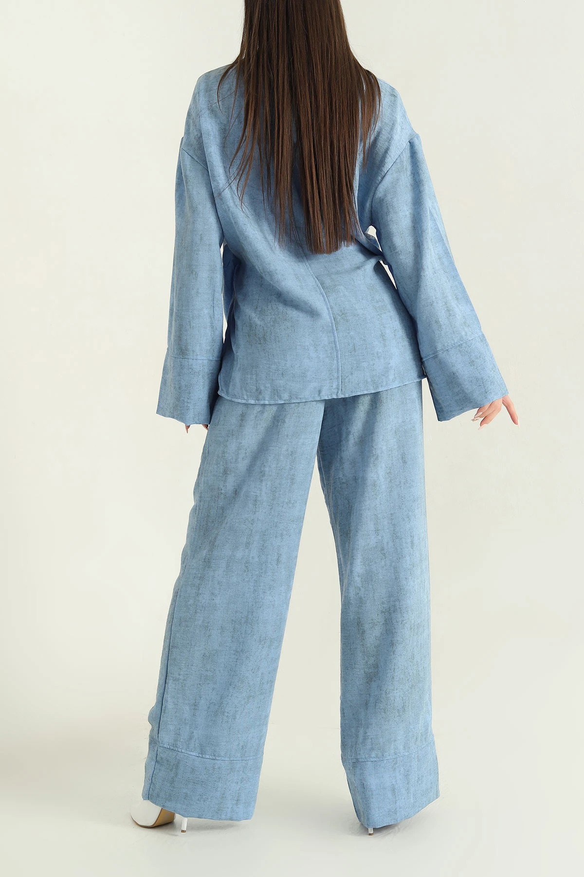 Mavi Batik Pantolon Bluz Keten İkili Takım 354368