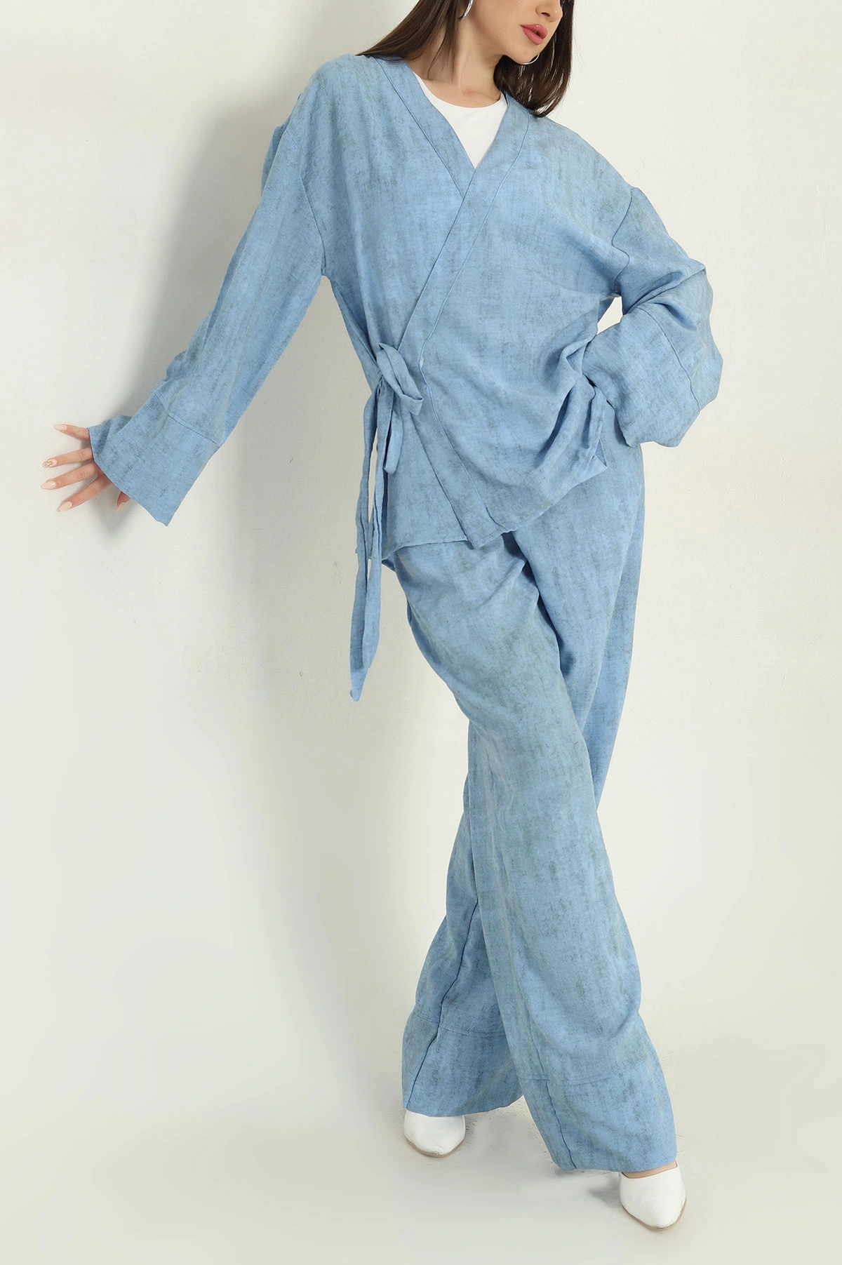 Mavi Batik Pantolon Bluz Keten İkili Takım 354368