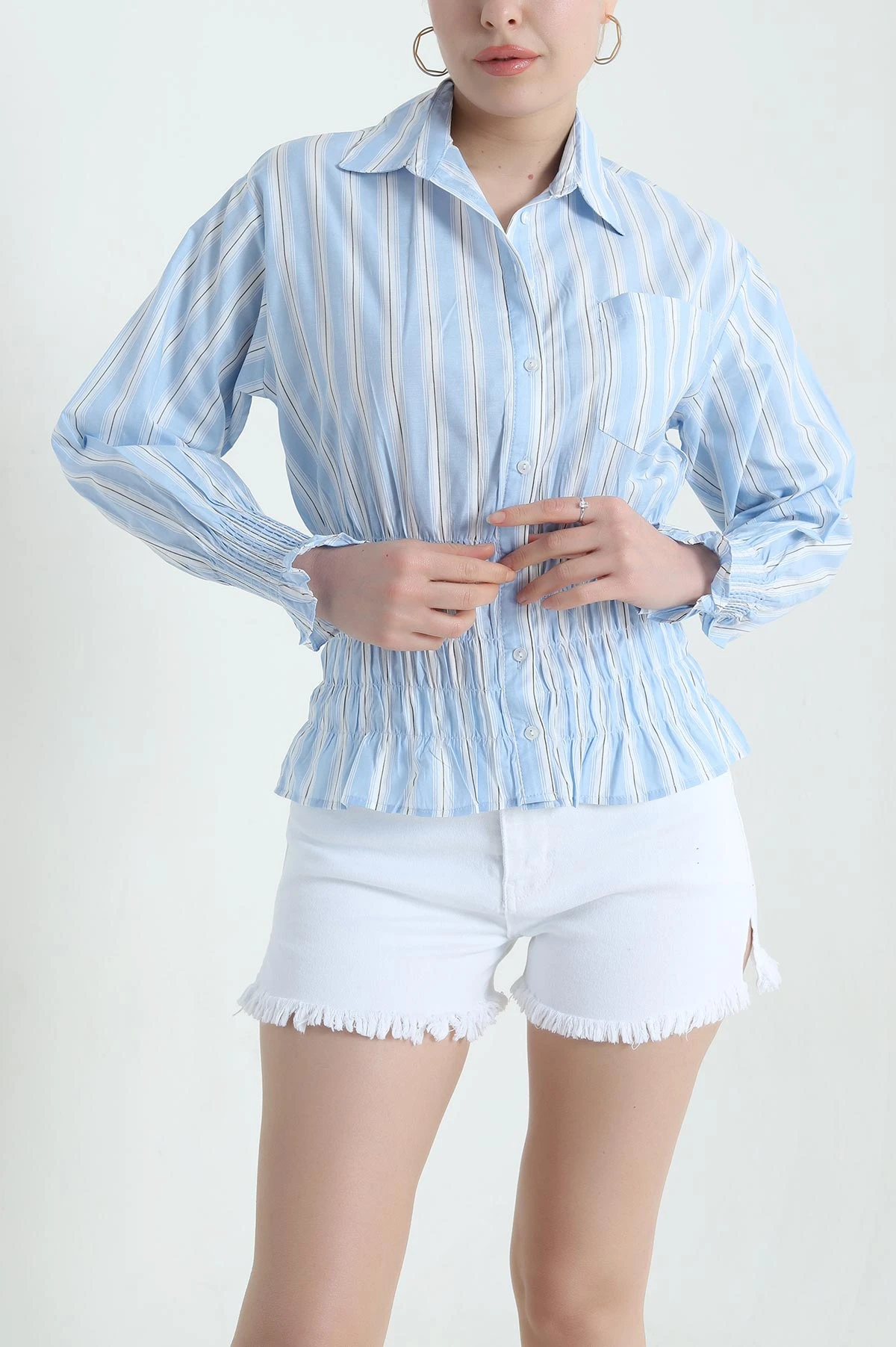 Mavi Beli Gipeli Çizgili Poplin Kadın Gömlek 439639