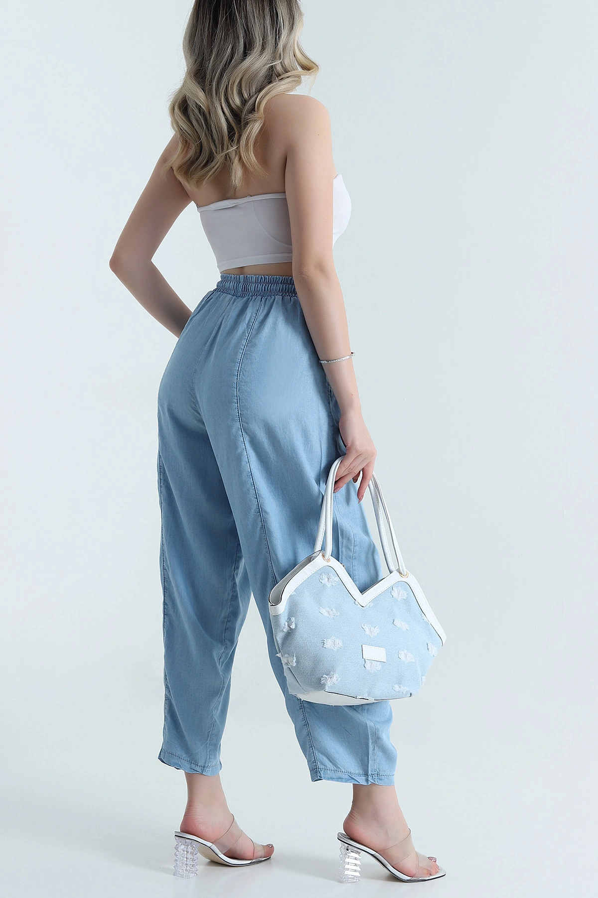 Mavi Beli Lastikli Baggy Kadın Tensel Kot Pantolon 478697