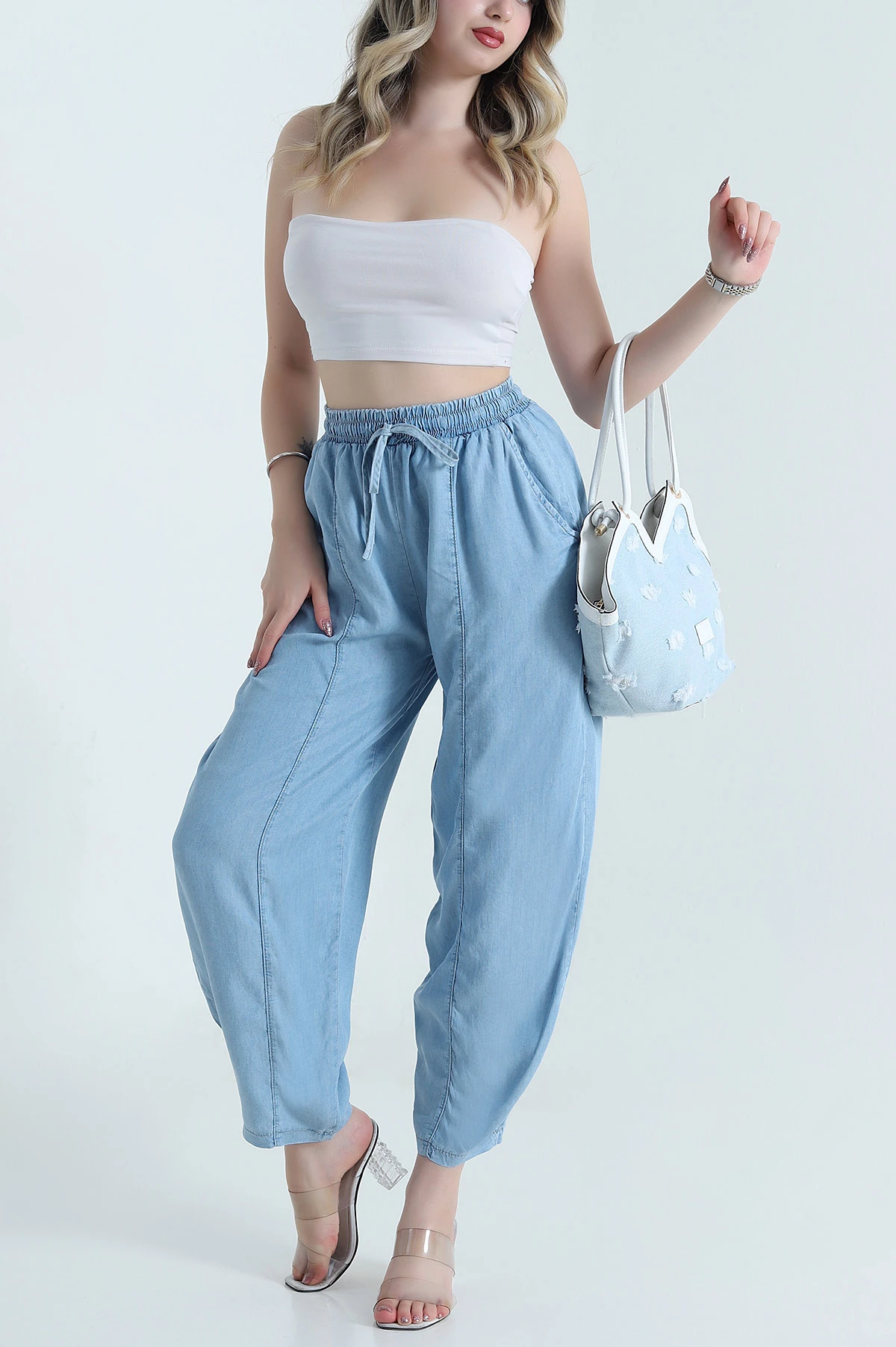 Mavi Beli Lastikli Baggy Kadın Tensel Kot Pantolon 478697