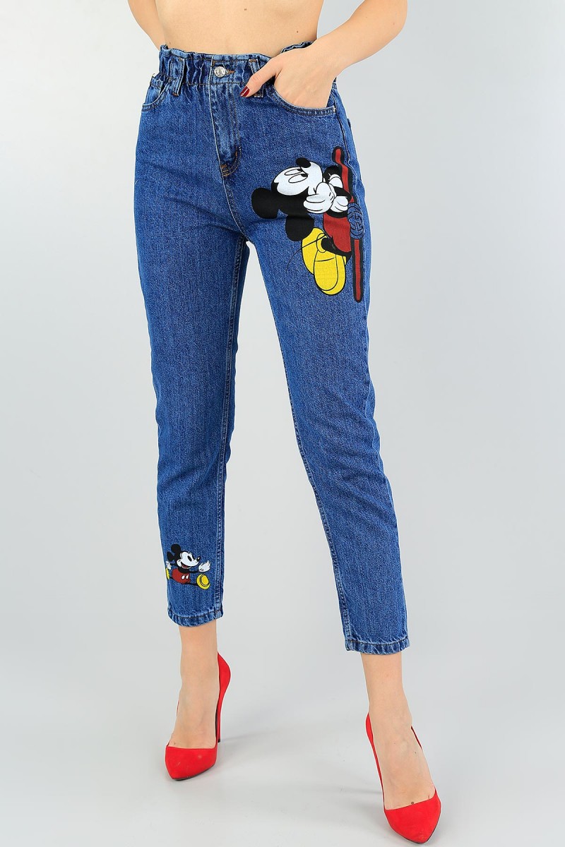 Mavi Beli Lastikli Baskılı Bayan Mom Kot Pantolon 59684