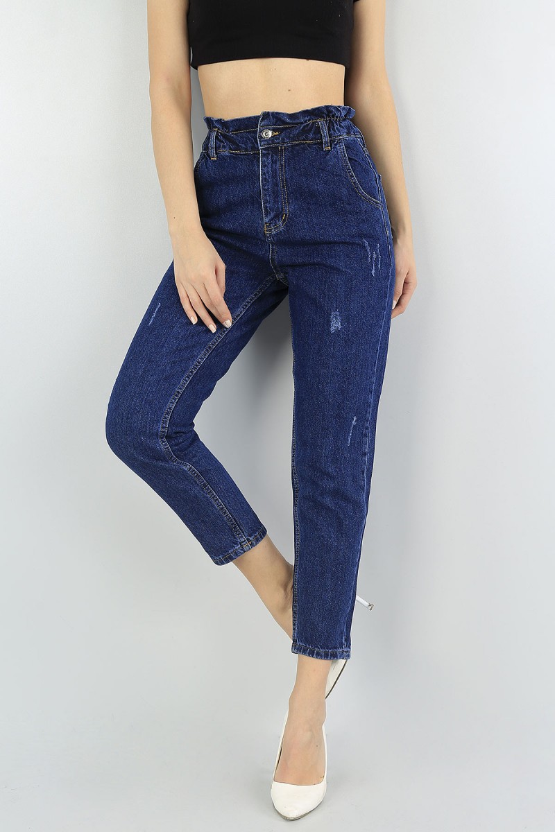 Mavi Beli Lastikli Bayan Mom Kot Pantolon 56492