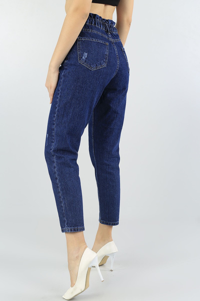 Mavi Beli Lastikli Bayan Mom Kot Pantolon 56492