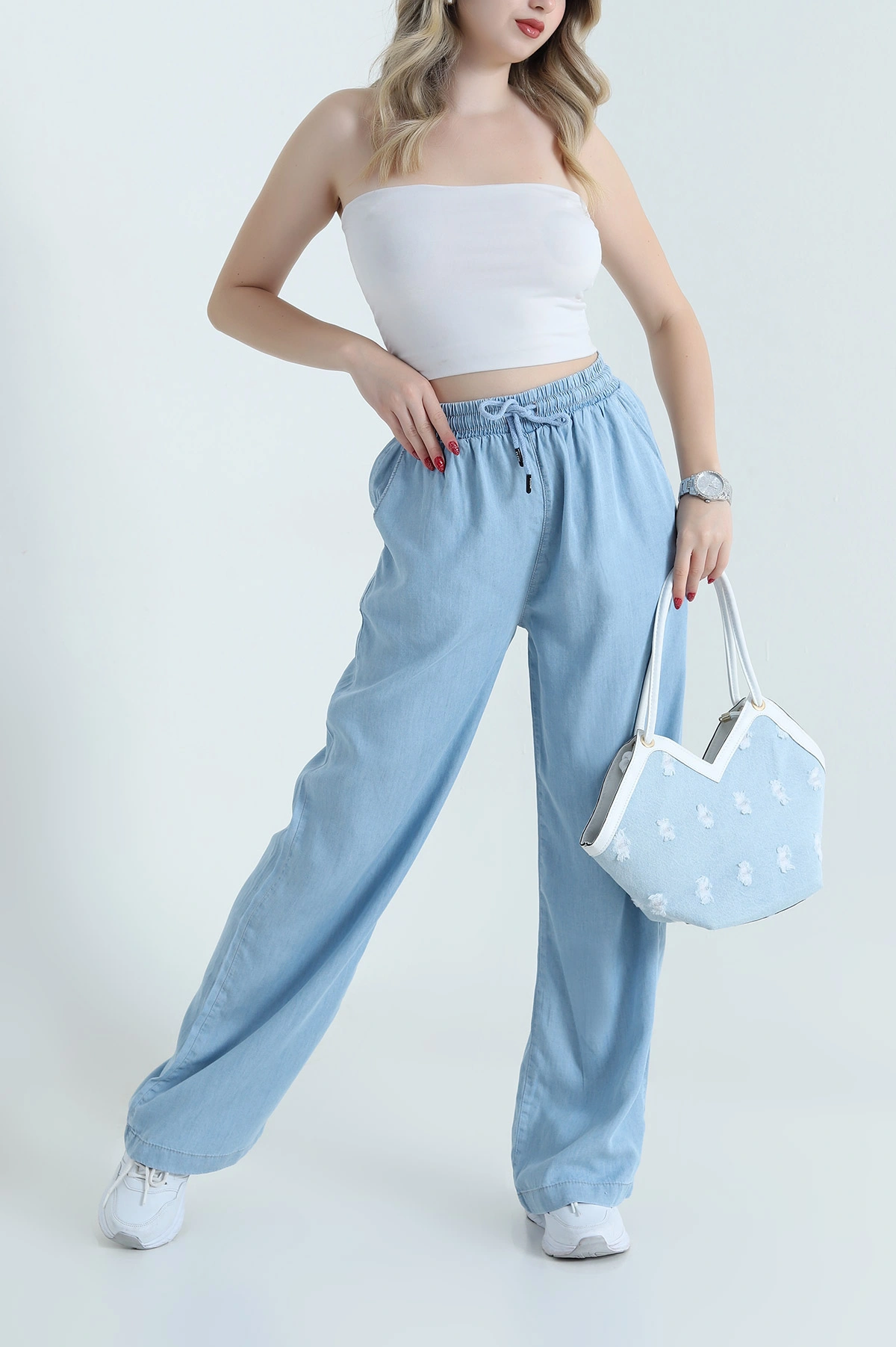 Mavi Beli Lastikli Chiva Tencel Kadın Pantolon 469277