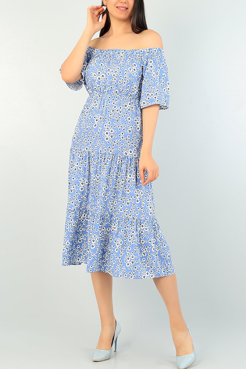 Mavi Beli Lastikli Dokuma Elbise 70144