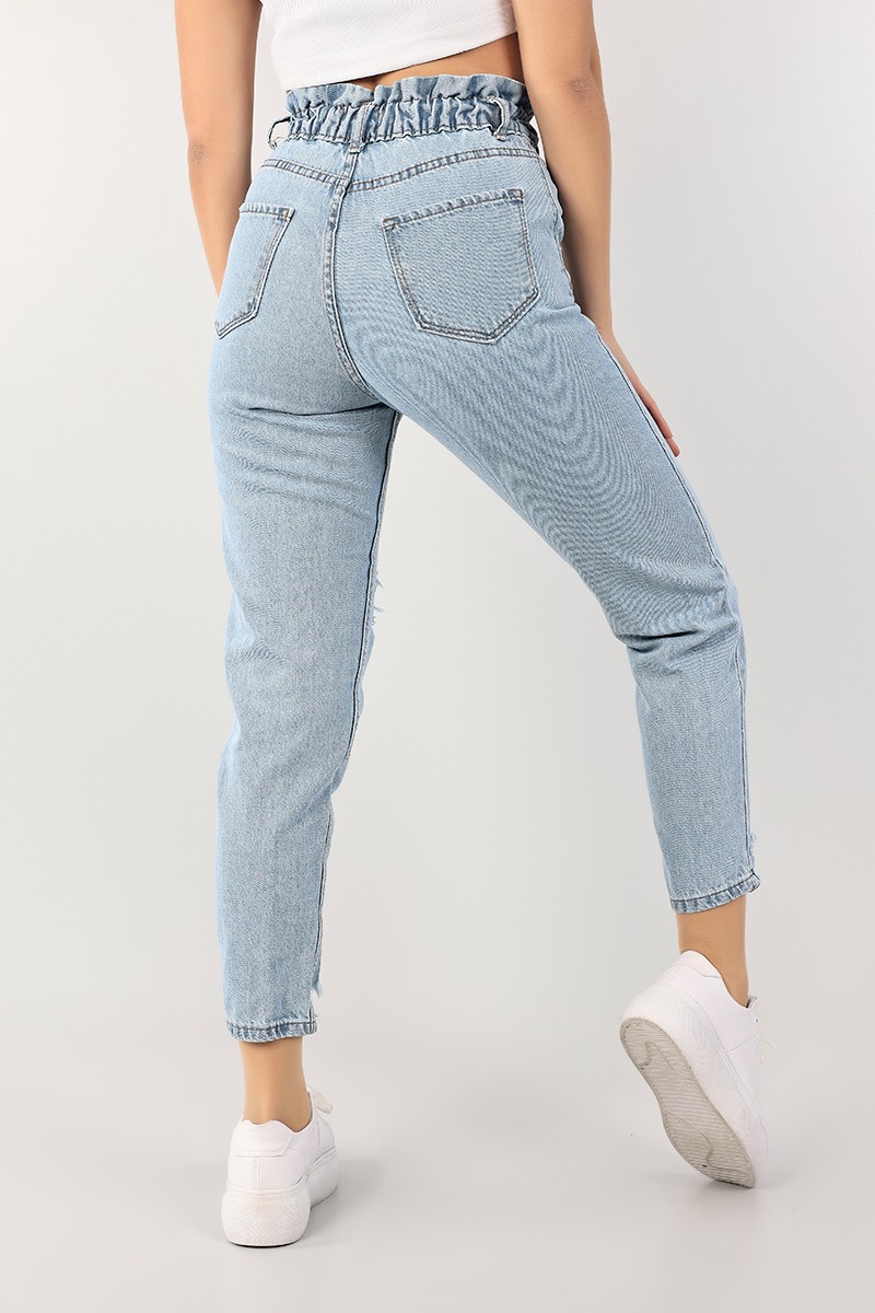 Mavi Beli Lastikli Lazer Kesim Bayan Kot Pantolon 101013