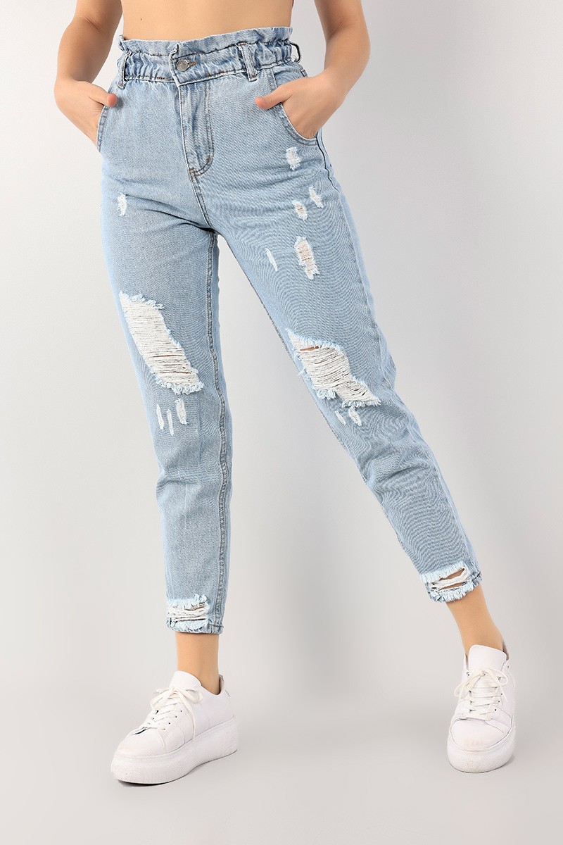 Mavi Beli Lastikli Lazer Kesim Bayan Kot Pantolon 101013