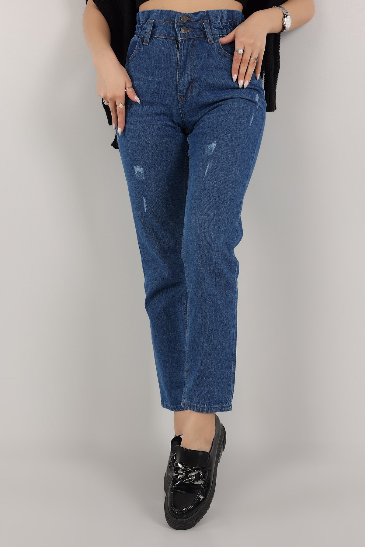 Mavi Beli Lastikli Mom Bayan Kot Pantolon 159006