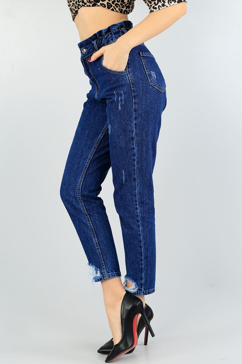 Mavi Beli Lastikli Mom Bayan Kot Pantolon 58146
