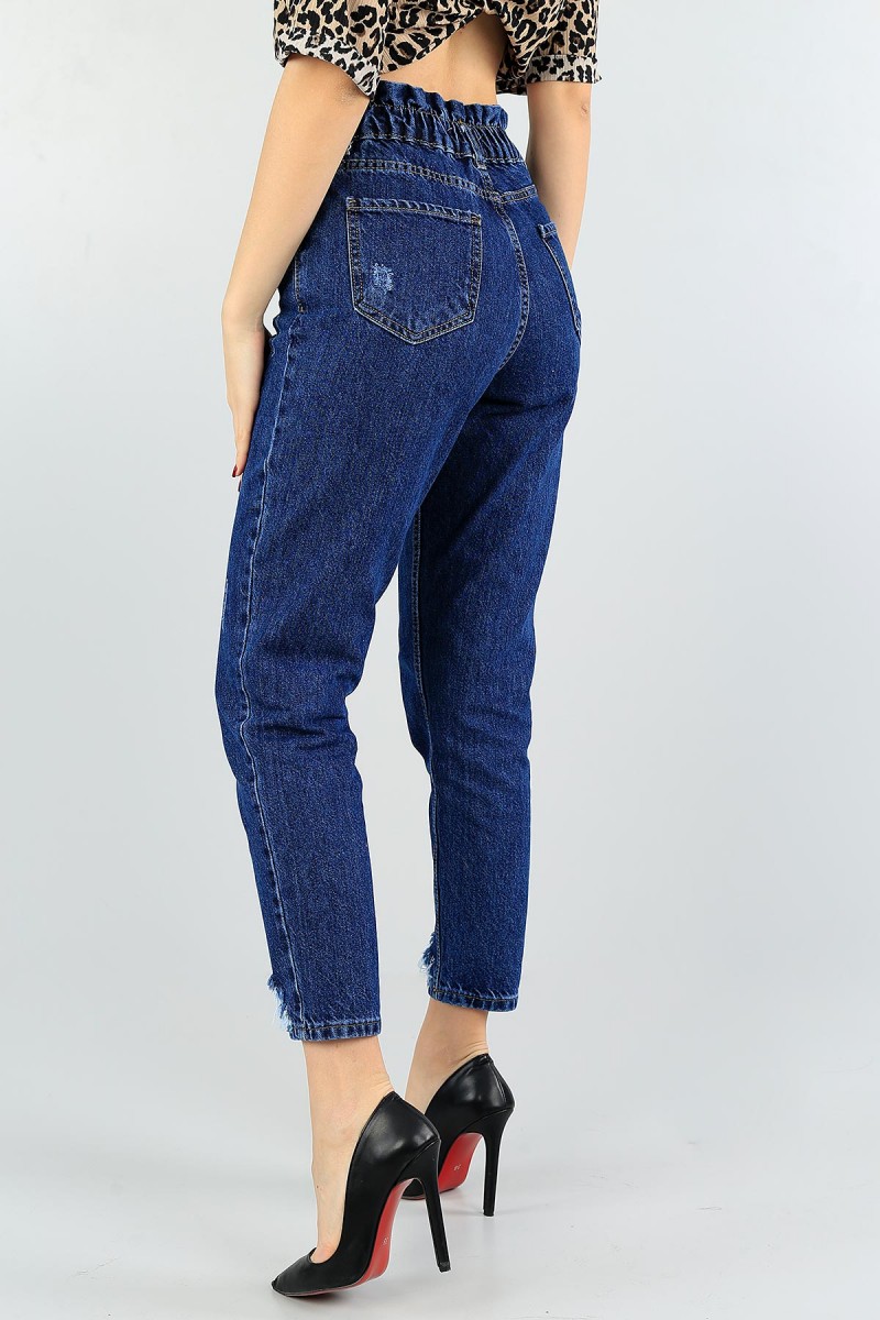 Mavi Beli Lastikli Mom Bayan Kot Pantolon 58146
