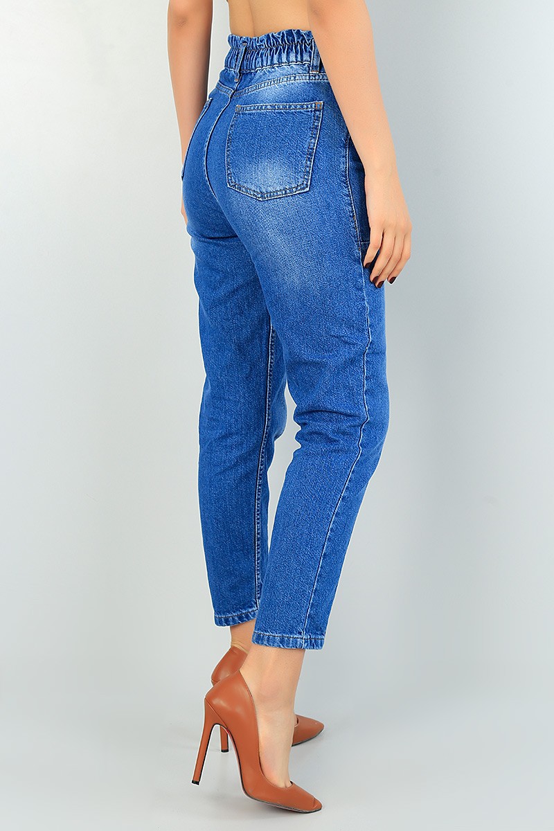 Mavi Beli Lastikli Mom Bayan Kot Pantolon 68604